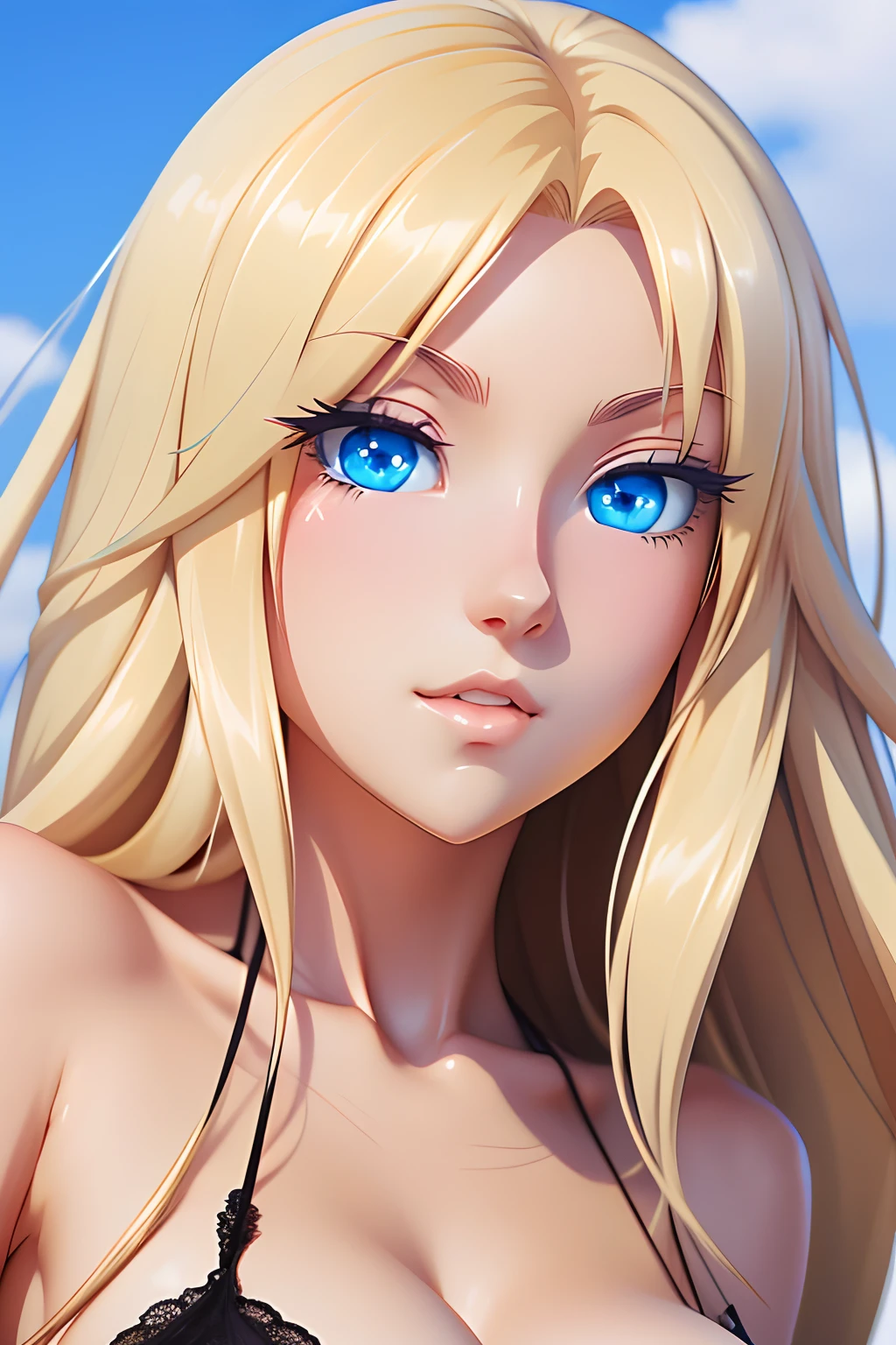 Female anime character, simply perfect, masterpiece, 8k, highly detailed digital art, blue eyes, thin nose, blonde hair, bigger mouth, extremely sexy
