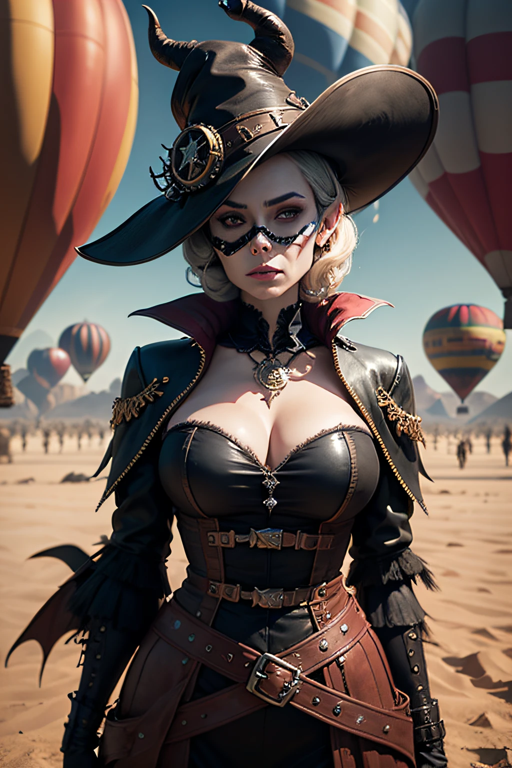 dark art darkweb pirate malefique, Utilisation d'un masque anonyme, Utilisation d'un chapeau capitaine, in the desert, Maleficent black hot air balloon Steampunk pirate badge, darkness,obscur,4K
