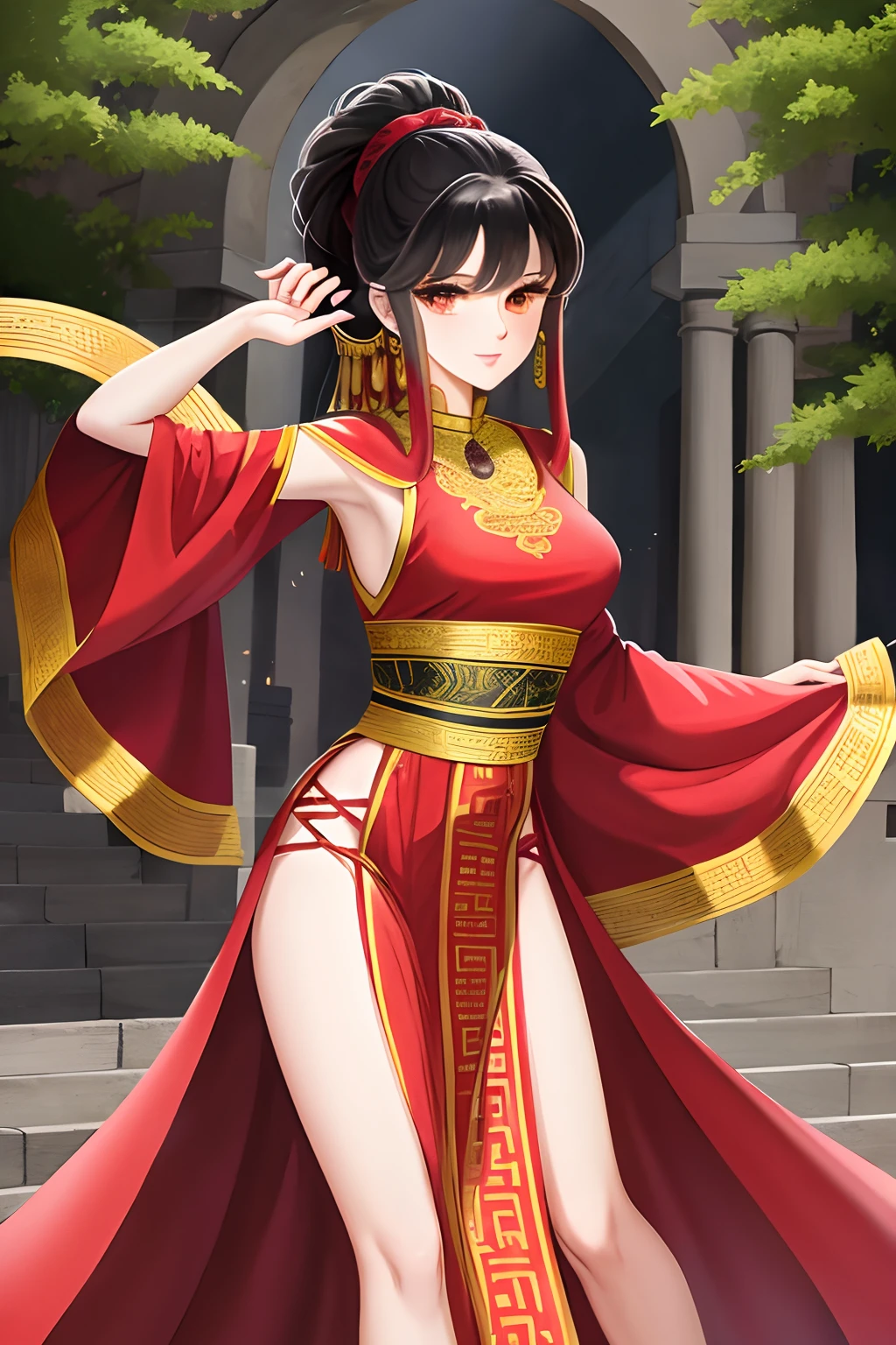 Uma bela mulher madura,usando roupas femininas hunfa wuxia,long hair up to the waist,cor negra,olhos escuros,roupa com vermelha com detalhes dourados,corpo escultural de uma musa,sensual,atraente,empunhando uma espada estilosa,next to an ancestral mansion