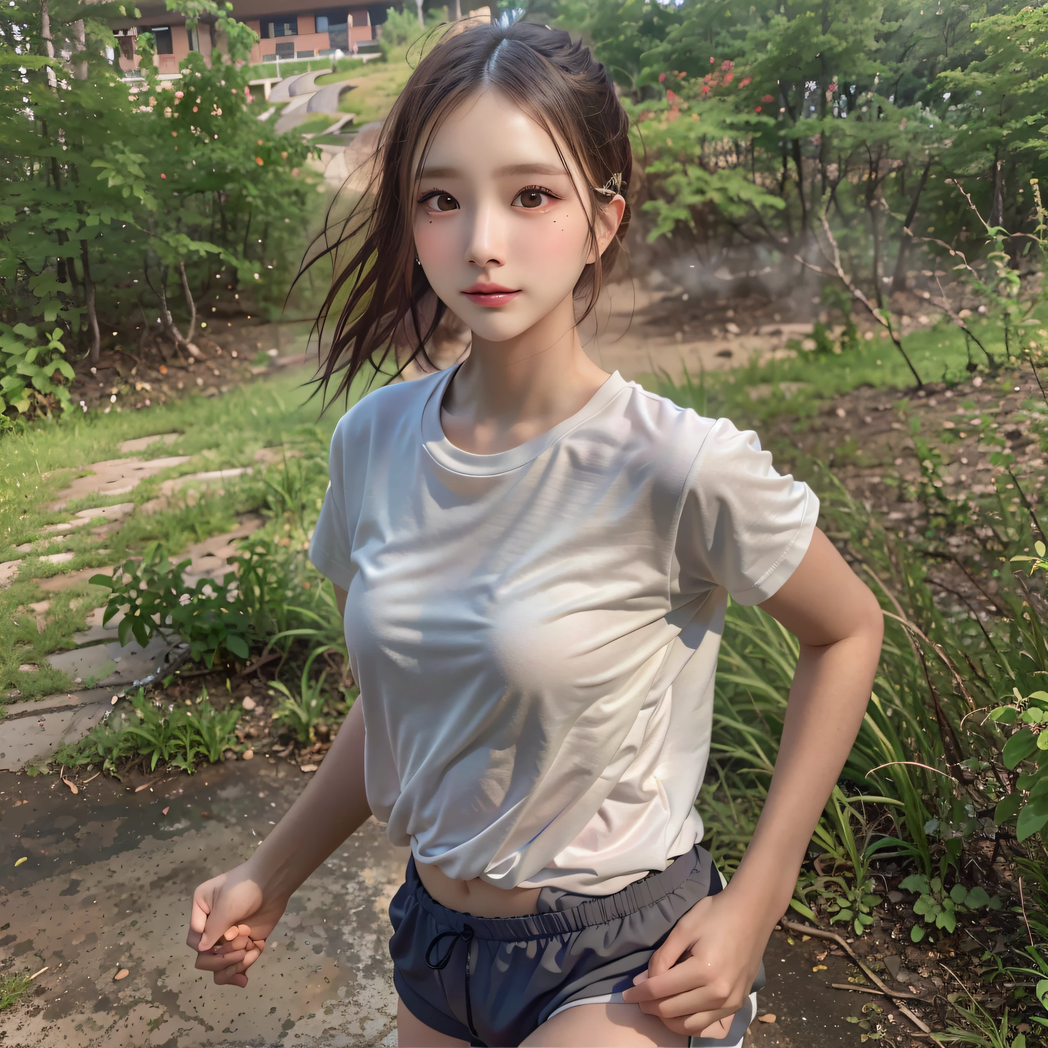 1 Girl: 1.3, Solo, 8K, Mountain Landscape, Woman Running On A Dirt Path, In Nature, Shot from a Short Distance, Watching the Viewer, (Masterpiece), (Best Quality), High Resolution, (Photorealistic: 1.2), (50mm Sigma f/1.4 Zeiss Lens, f1.4, 1/800s, ISO 100, Photo: 1.1), Ultra Detailed, Physically Based Rendering, Pretty woman of 20 years old, (very detailed face: 1.5), small face, looking ahead, fine hands, contents, middle breast, middle waist, smile:1.5, black hair, (fine lips, lip gloss: 1.3), so much sweat, shiny skin, (white, long t-shirt: 1.5): 0.2, black running shorts, focus on face