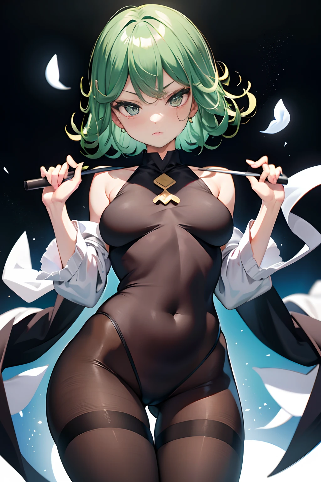 1 girl, Tatsumaki (pelvic curtain: 1.3) black transparent erotic lingerie, masterpiece, official art, hyperfocus, sakimi zen (best quality: 1), (masterpiece: 1), (super detail: 1), ( tights: 1.2), 1 girl, plump, embarrassed to look at the audience, puffiness, small breasts, tiny breasts, large areola, denim shot, solo, simple background