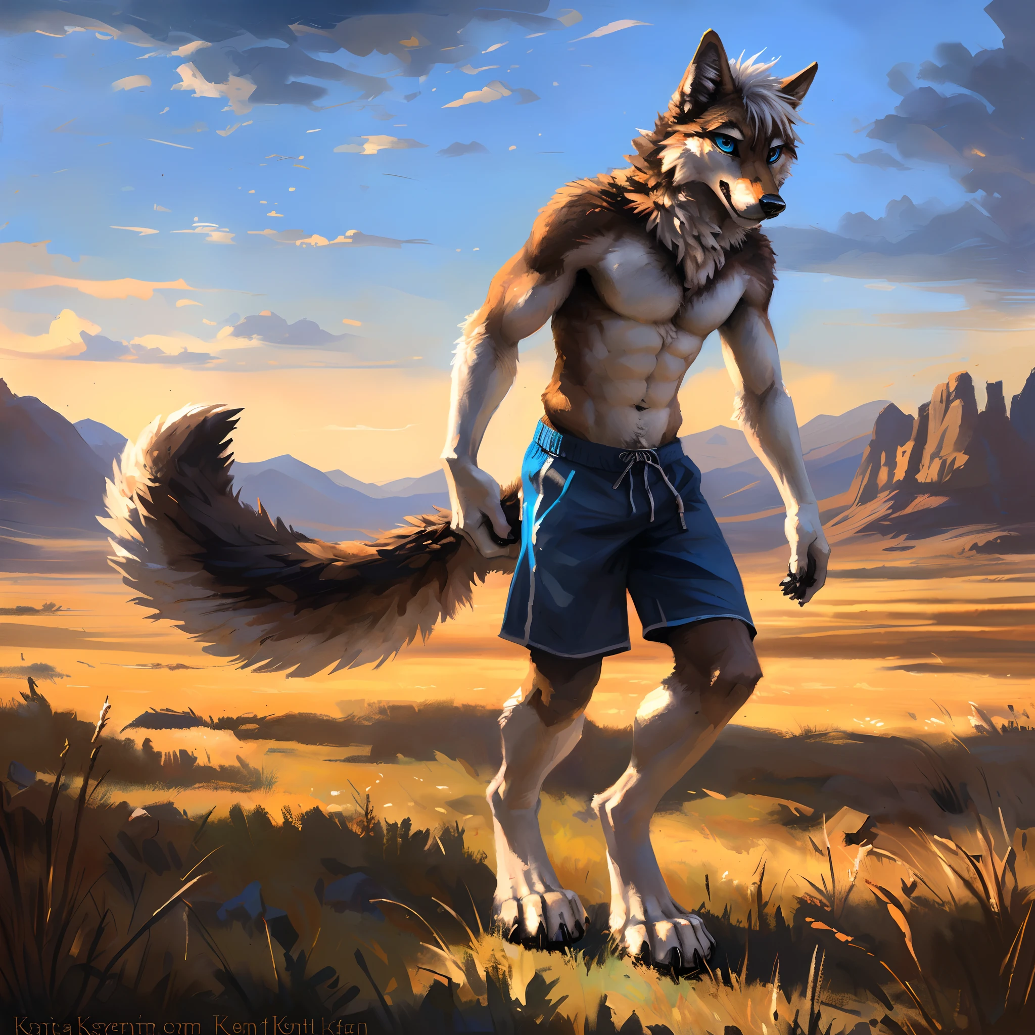 ((Solo)), male people, anthro wolf, (Multi-colored fur, White-brown:1.3), ((Wolf face, White hair, Big eyes, White eyelids, Blue pupil, Slim:1.2) (Tough, Calm expression:1.2)), Abs, Slim, pinging)), (Correct anatomy), (Work shorts:1.1), (Contour bone:1.2), The upper body is naked, (detailed outfits),A big tail,Feet,(Realistic fur, Detailed fur texture, labeled:1.3)), (Natural lighting), Photorealistic, Hyperrealistic, ultradetailed, by Kenket,Endless grasslands,No artificiality,erect through