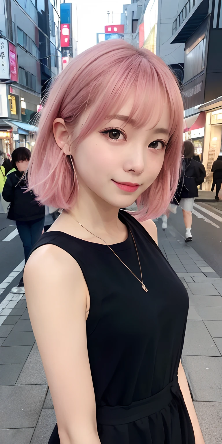 1 girl in、kawaii、on tokyo street、natta、A city scape、city light、a closeup、A pink-haired、hair adornments、(Raw photography、top-quality、masterpiece:1.2)、(realisitic、photoRealstic:1.37)、