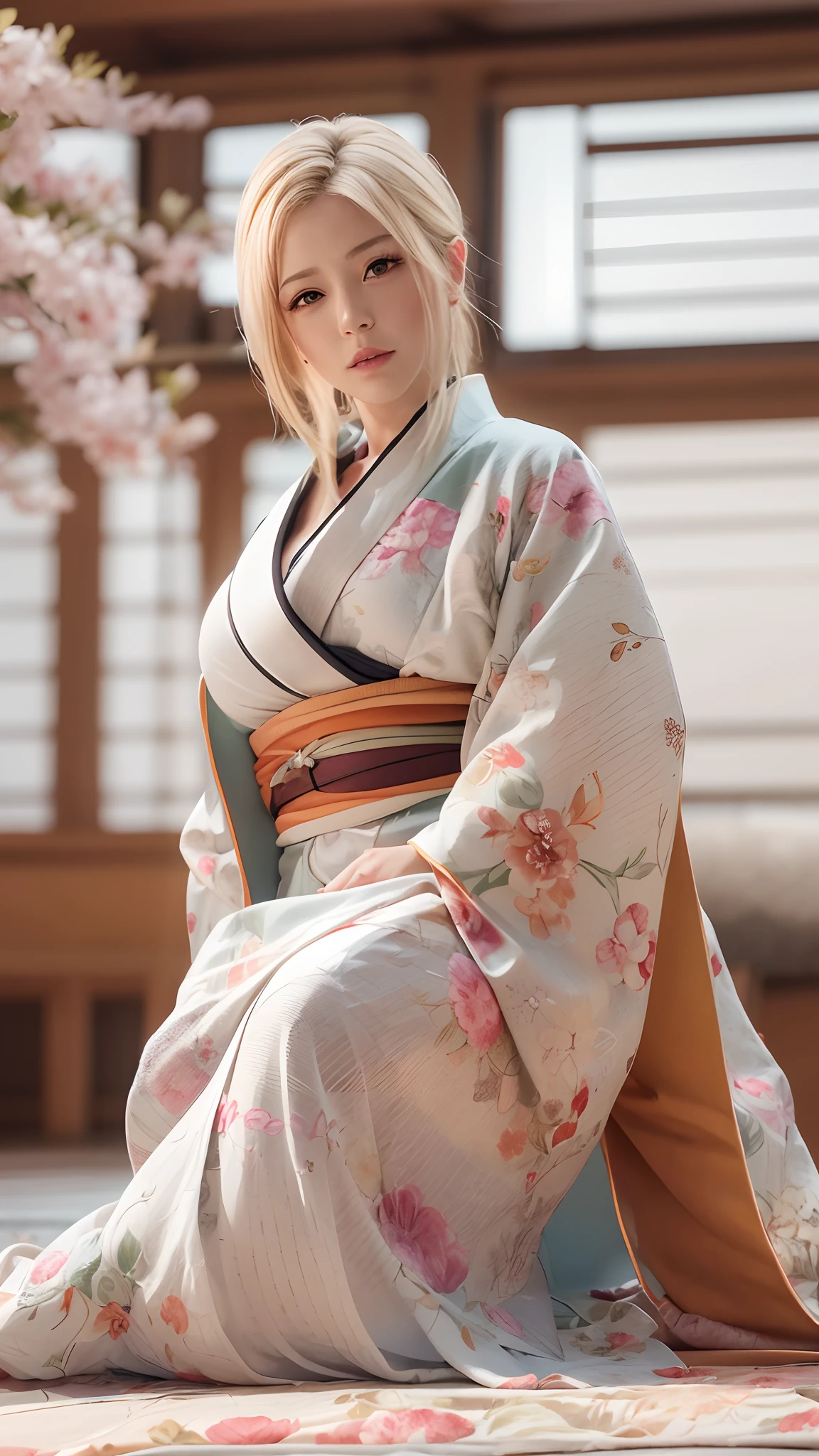 Sakura haruno cute and pretty blonde milf curvy body and muscle with nice waist pure white skin wearing realistic kimono and lying on the floor highly detailed of face and body photorealistic and super hyperrealsim 8k quality