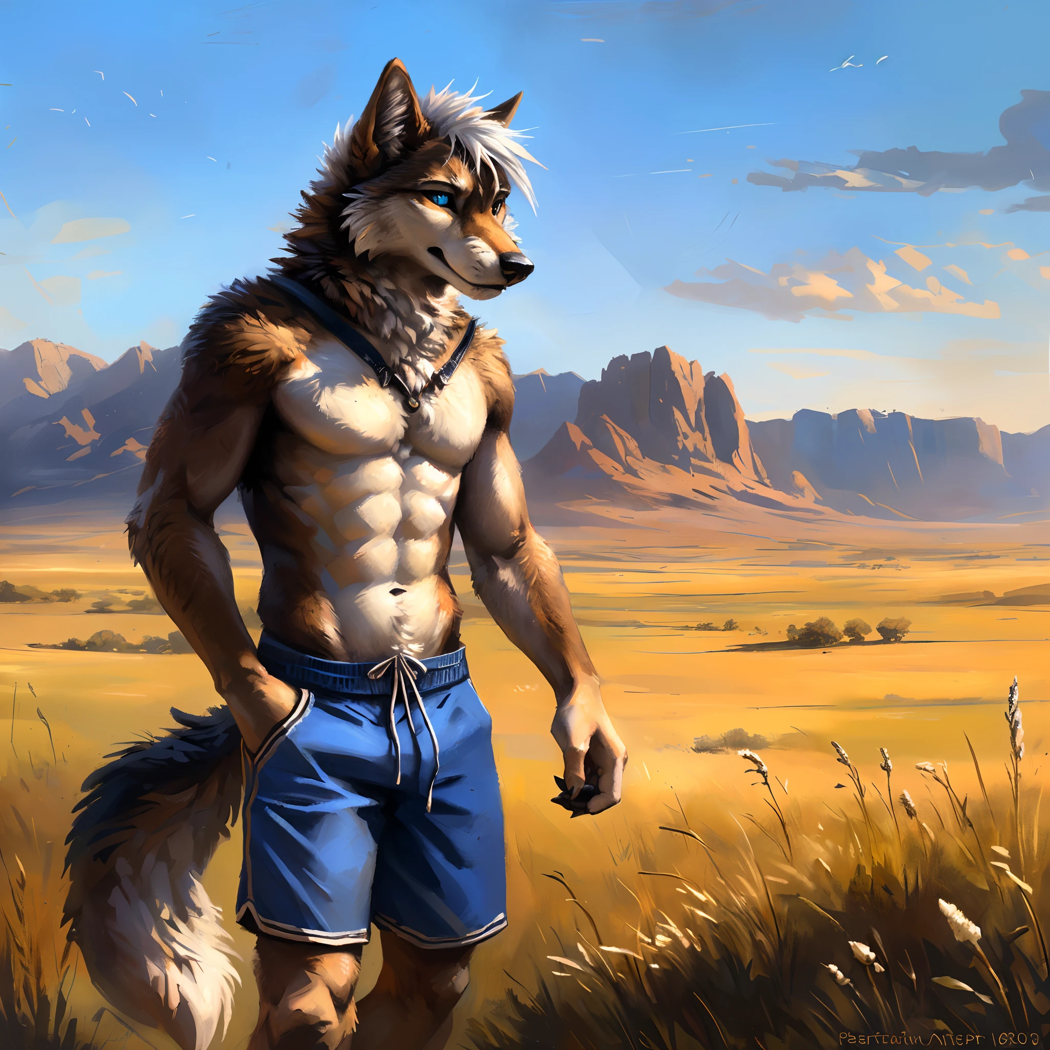 ((Solo)), male people, anthro wolf, (Multi-colored fur, White-brown:1.3), ((Wolf face, White hair, Big eyes, White eyelids, Blue pupil, Slim:1.2) (Tough, Calm expression:1.2)), Abs, Slim, pinging)), (Correct anatomy), (Work shorts:1.1), (Contour bone:1.2), The upper body is naked, (detailed outfits),A big tail，Feet，(Realistic fur, Detailed fur texture, labeled:1.3)), (Natural lighting), Photorealistic, Hyperrealistic, ultradetailed, by Kenket，Endless grasslands，No artificiality，erect through