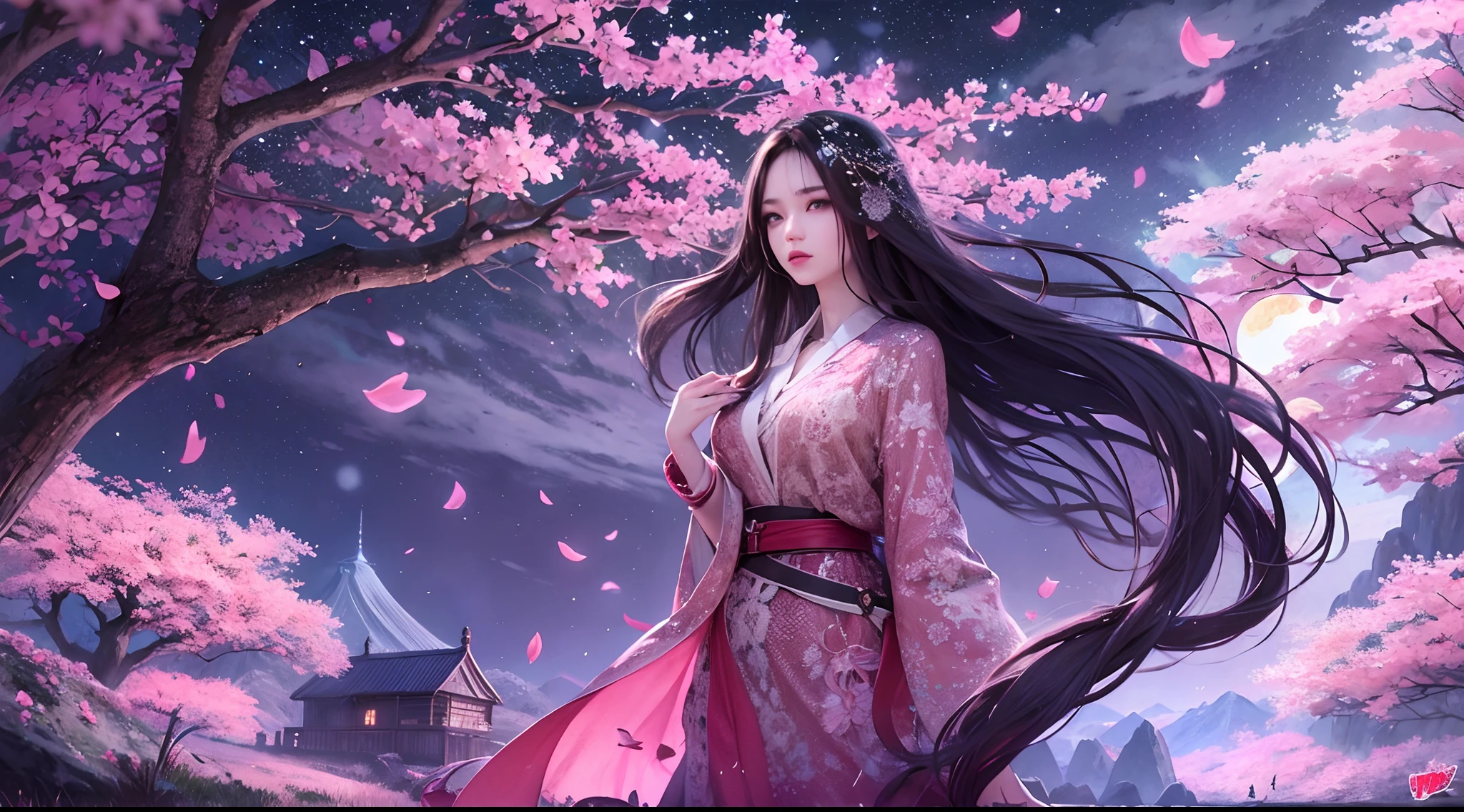 Masterpiece, Best quality, Night, Mountain, full moon, Long black hair, woman, Firefly, stars, Mysterious cherry blossom trees, Pink leaves, High quality, Beautiful graphics, High detail