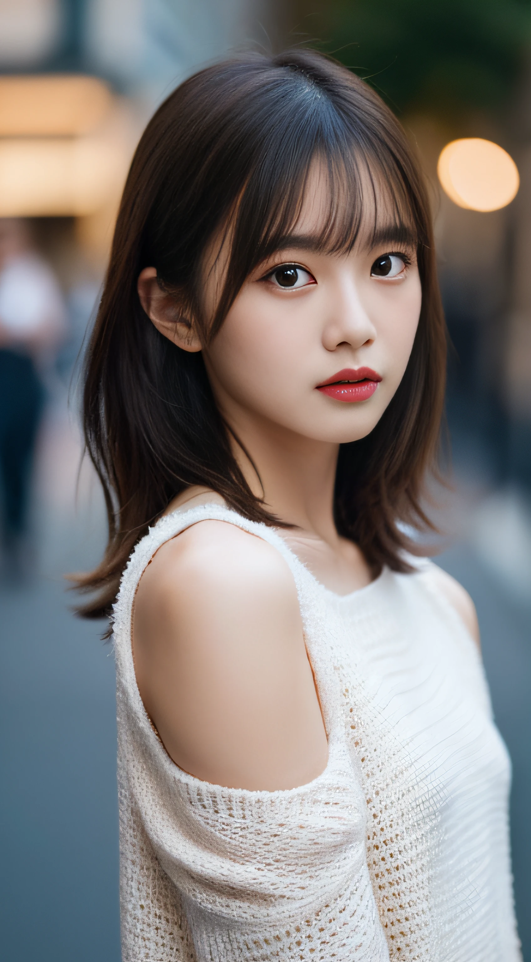 (NSFW:1.5), (NSFW:1.5), NSFW, SFW,8K、Raw photography、top-quality、,Full body portrait:2.0、medium distance shot、White rough woven sweater dress、Mini One Piece、(off shoulders)、(Composition from the knee up:1.2)、32K、ultra res、fully body photo:2.0, is standing:2.0、Best Quality, Raw photo, Photorealistic,Full body portrait:2.0、rialistic photo、(Small breasts:1.2), (skinny body), street corner、Crowds, Ginza、Full body, Looking at the camera、a beauty girl, Cute, length hair, depth of fields, High resolution, Ultra Detail, Fine detail, Highly detailed, Highly detailed eyes and face, Sharp pupils, Realistic pupils, Sharp Focus, softlighting