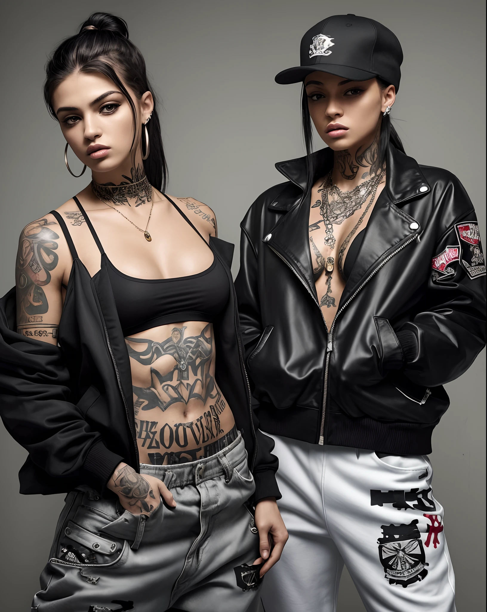 cocky badass arrogant female chav rapper tomboy with an offensive attitude of superiority, exuding a sport agressive nature and class. the womens dons a arrogant slim haircut that of a tomboy The woman is wearing loose-fitting edgier look, baggy saggy stylish hip hop street clothes representing a full westside gang hip hop gangsta image and tattoos . She embodies over power overconfidence and badass swagger . Her posture and expression indicate her highly cocky overpower enegry and invincibility . The details of her outfit, from the perfectly tailored eadgy swagger hip hop clothes to the showcase her refined taste and attention to detail with ultra-detailed rendering that captures every intricate element of the scene. This masterpiece should evoke a sense of admiration and arrogance , showcasing the epitome of gang war attitude