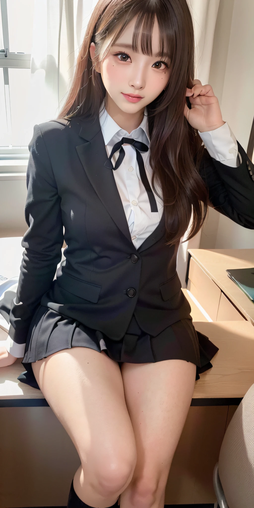 ((8k, RAW photos, top quality, masterpieces), high-definition RAW color photos professional close-up photos, (realistic, photorealism: 1.37), (highest quality), (best shadows), (best illustrations), collarbones ((big)), ((erotic, sexy, ultra high resolution, high-definition CG unified 8K wallpapers, physically based rendering, movie lighting), (aegyo sal:1), 18 year old girl, (grey blazer, ribbon, socks, high school uniform: 1.2), high school classroom, beautiful detail eyes, light on the face, ((full body shot: 1.2)), especially strong light, (upper eyes, grinning smile:1.2),shiny skin, (((black hair, semi-long hair:1.2))), ( thick thighs), ulzzang-6500-v1.1:0.2, shy, (flash:1.2), NSFW , (puffy), ((seductive posture: 1.2, attractive: 1.2)), (idle), (sitting at a desk in classroom: 1.2)), ((good anatomy: 1.2)), ((bright and refreshing classroom, background blurred: 1.2)), perfect face, cute face, (high angle shot:1.2), from behind