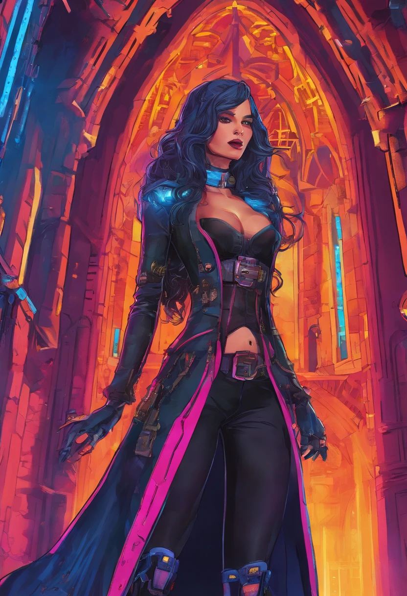 a picture of a steampunk (1)nun in a church, wearing sexy nun habit, wearing black pantyhose, (best detailed face:1.3), ultra feminine: 1.3), dynamic hair, long hair, wavy hair, blue eyes, intent eyes, wearing high heeled boots, photorealistic, 16k, RAW, award winning, (best detailed: 1.5), masterpiece, best quality, (best detailed: 1.3), full body, ultra wide shot,