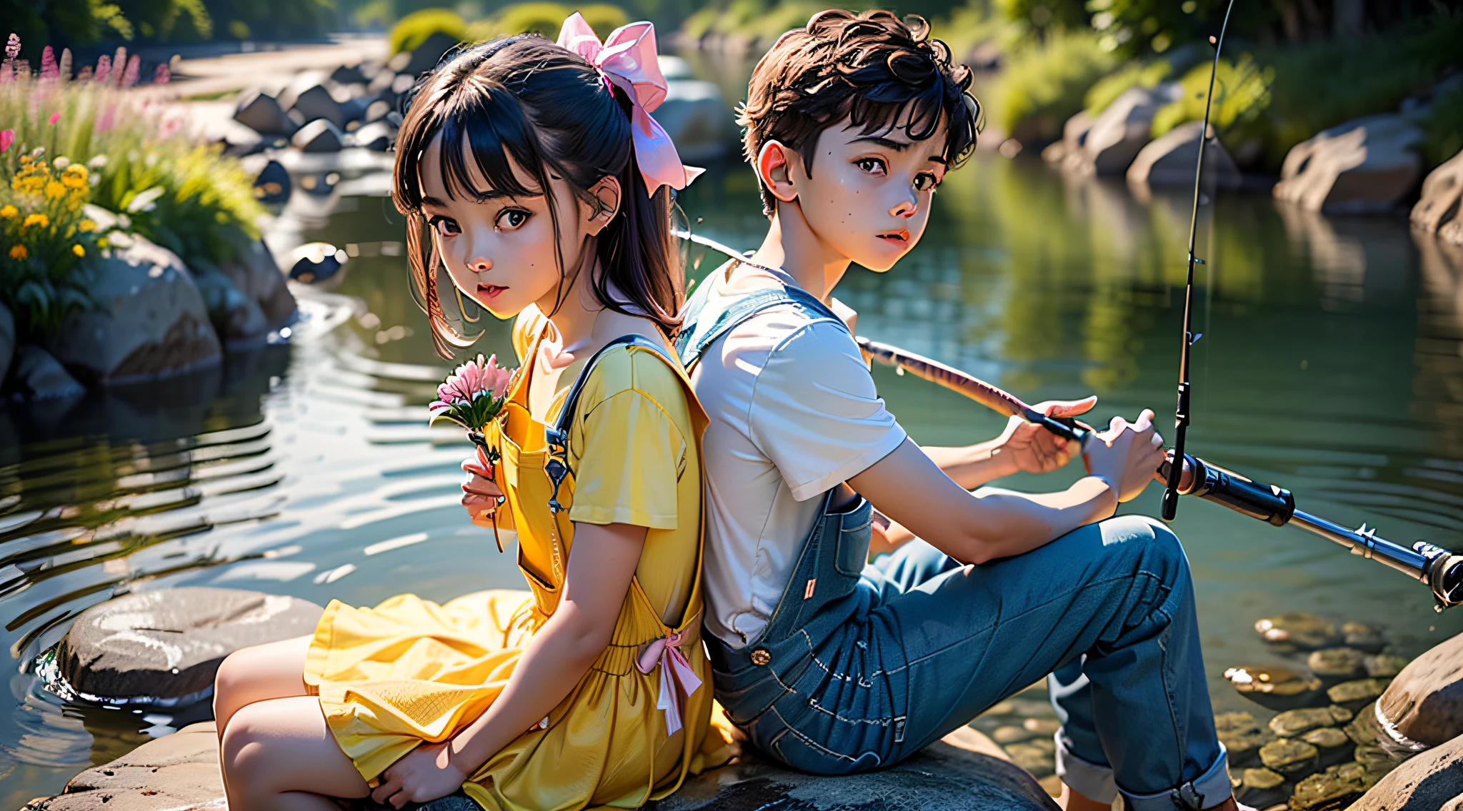 (((masterpiece, best quality, Photo realistic))), (UHD, 8K wallpaper, High resolution), Perfect anatomy, Cinematic lighting, physically-based rendering, award-winning, extremely detailed skin, extra detailed face, eyes with beautiful details, Carl Zeiss 85 mm F/1.4, (1 boy and 1 girl, couple:1.5), Cute 3-year-old girl, sitting on large rock near creek, (black hair, high ponytail, black eyes, round face), (pink and white fluffy dress with ribbon:1.5), (girl has cute shy expression), (girl is holding wildflowers:1.5), (1 boy is a 3-year-old boy), (a boy and a girl are sitting close to each other on large rock near creek:1.5), (a boy is wearing blue overalls with yellow t-shirt:1.3), (a boy holds fishing pole:1.5), [full body shot], shot from side,