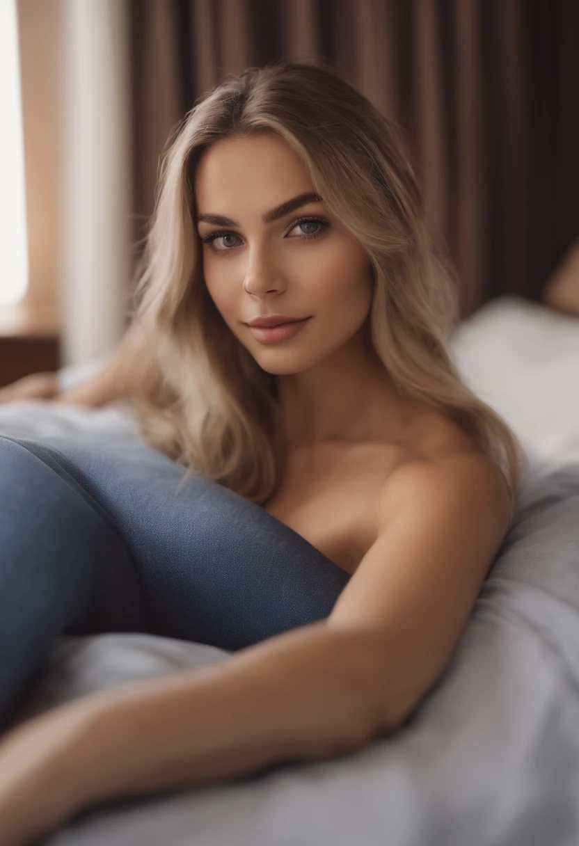 Arafed Full Woman, Sexy Girl with Blue Eyes, , Ultra Realistic, Meticulously Detailed, Portrait of Sophie Mudd, Blonde Hair and Big Eyes, Selfie of a Young Woman, Bedroom Eyes, Violet Myers, No Makeup, Natural Makeup, Looking Directly at the Camera, face artgram, subtle make-up, Impressive photo of the whole body kneeling on the bed, In the bedroom, , , Medium and large size chest, allowing the face to be seen clearly, portrait, pleasuring themselves, self pleasure