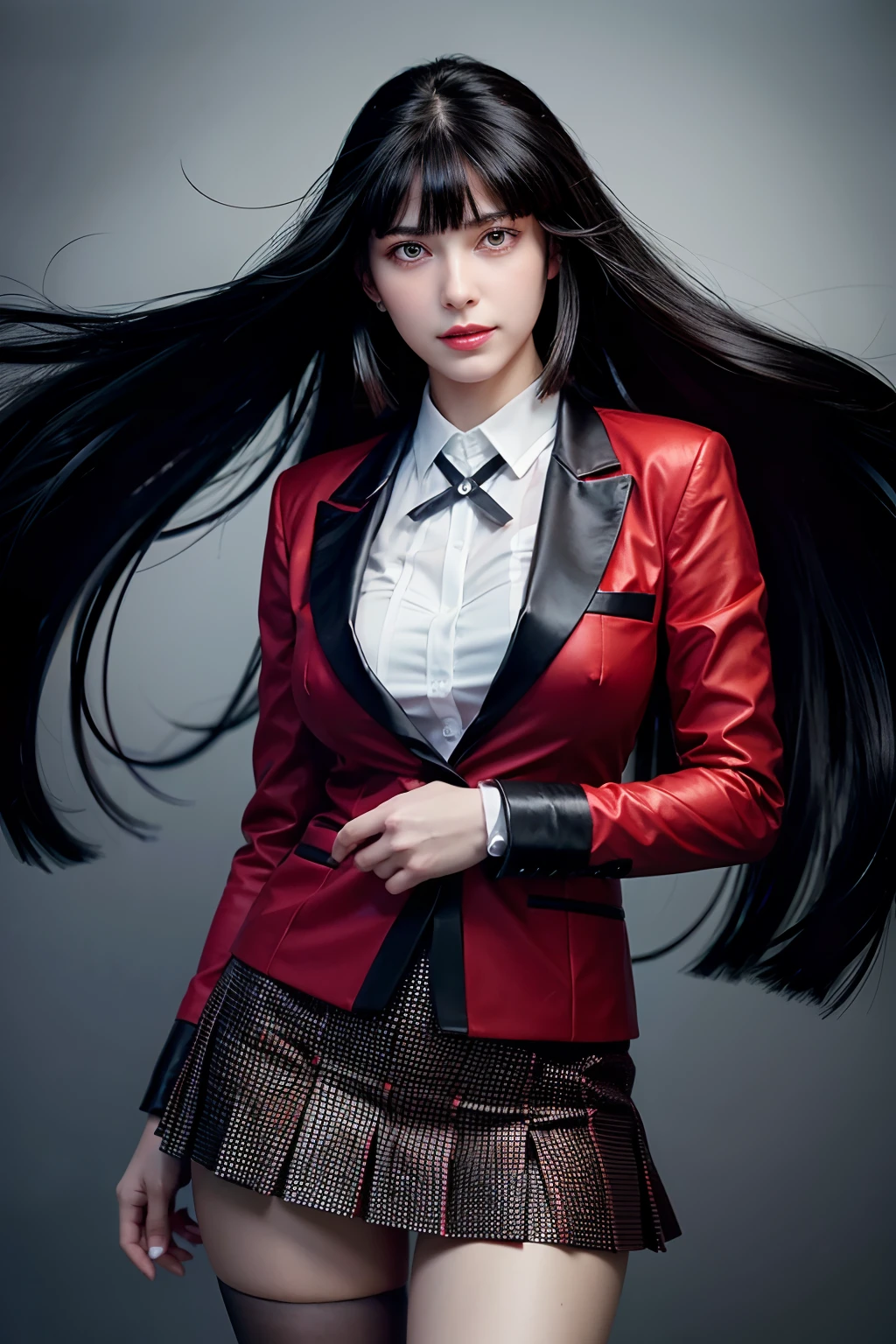 original photo:1.2),(realistic:1.4),beautiful detailed girl,very detailed eyes and face,beautiful detail eyes,ridiculous,incredibly ridiculous,super detailed,high resolution,very detailed,best quality,masterpiece,illustration,very detailed,CG,unified,8k wallpaper,amazing,fine detail,masterpiece,best quality, perfectlighting,1 girl, (((kakegurui yumeko))),long hair, blunt bangs, red eyes, school uniform, red jacket, pantyhose, white shirt, black ribbon, pleated skirt, walking pose, (((pyscho smile))) ((erotic face))