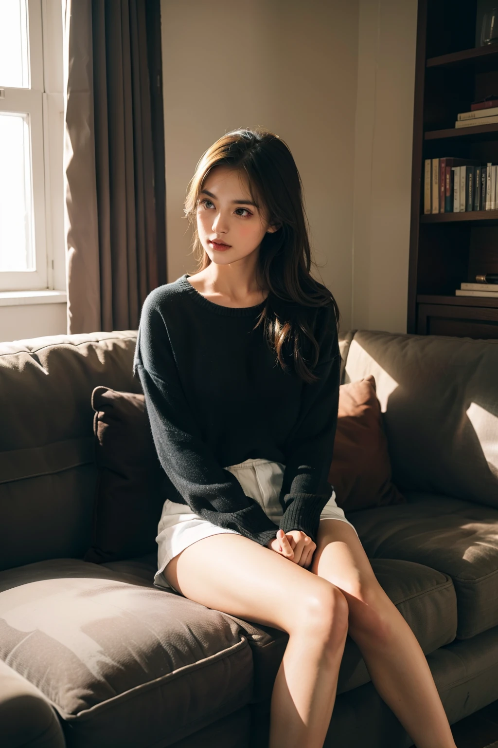 1girl in,Sitting on a cozy sofa,cross one's legs,Soft light