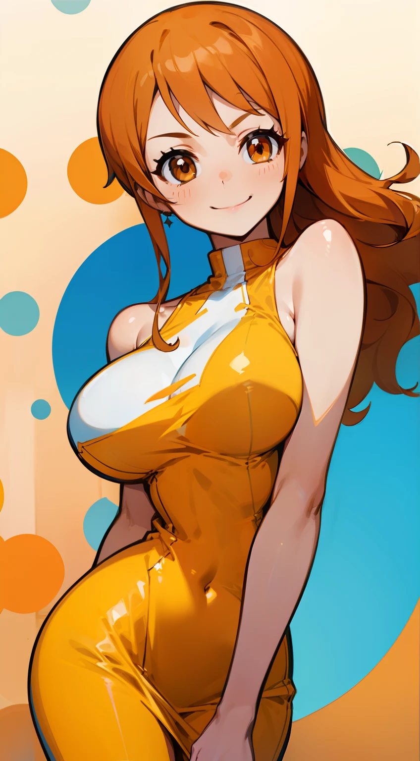 Cocktail dress, body fit see through,curvy athletic body, nami, orange long hair, brown eyes, looking at viewer, shy, smiling