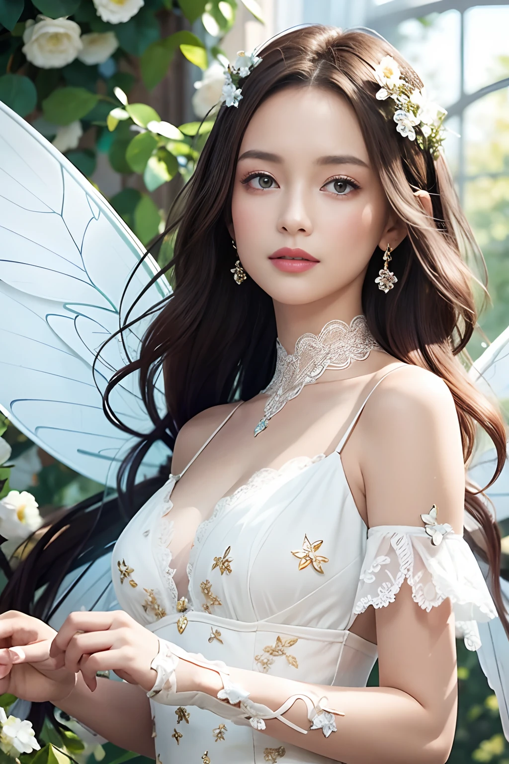 Masterpiece, highest quality, (((masterpiece))), (((highest grade))), ((extra fine)), (illustration), ((extremely delicate and beautiful)), dynamic angle, floating, (fairy Wings: 1.4), (beautiful detailed eyes), (detailed light), (1 girl), medium bust, medium long hair, dark brown sparkling eyes, dark brown hair, bodycon dress, natural, (sunlight), (painting), (sketch), (flower), slight smile, pastel colors, complete anatomy, upper body, highly detailed beautiful face,