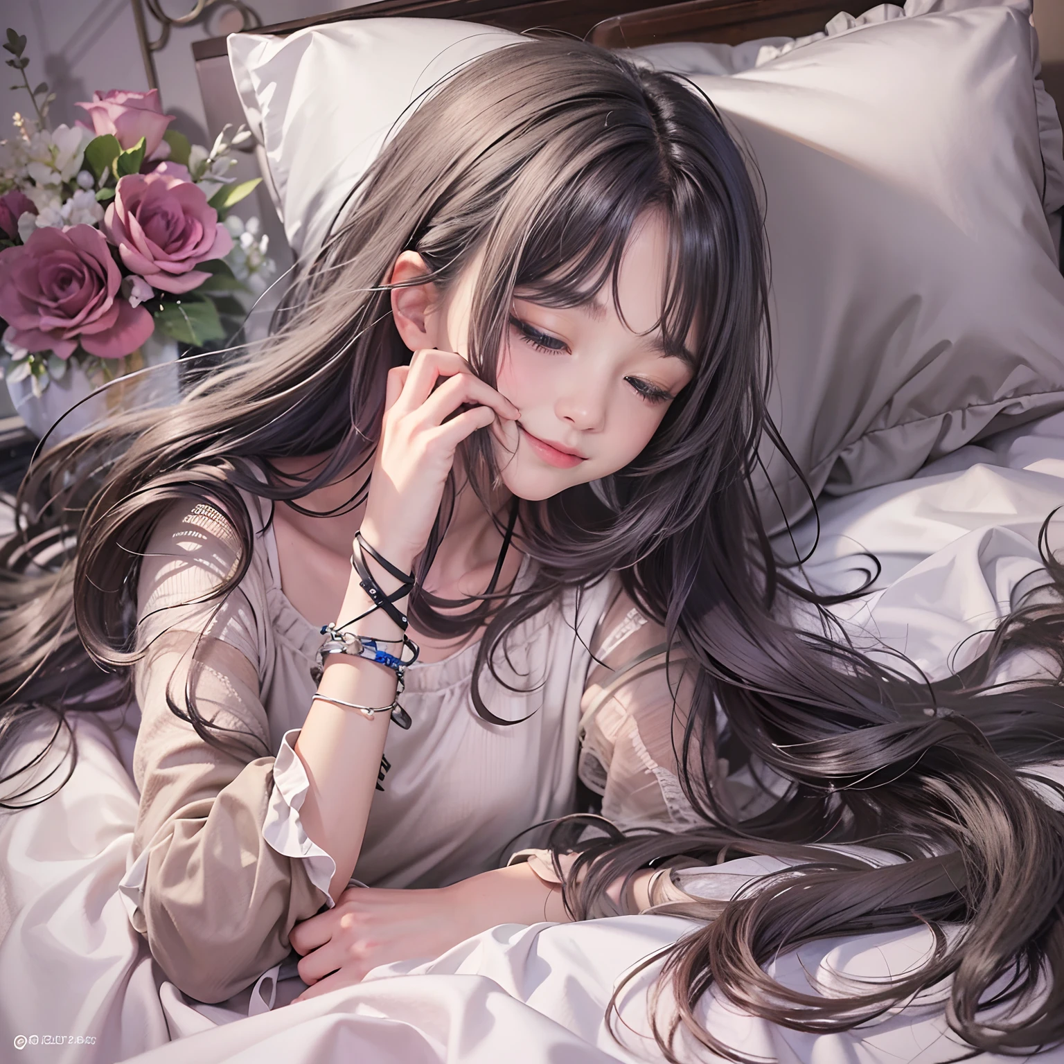 ((Top quality, 8K, Masterpiece: 1.3)), Girls, s, Bed, Sleeping, Long hair, Black hair, Small body, small, Very detailed face and skin texture, Smile,