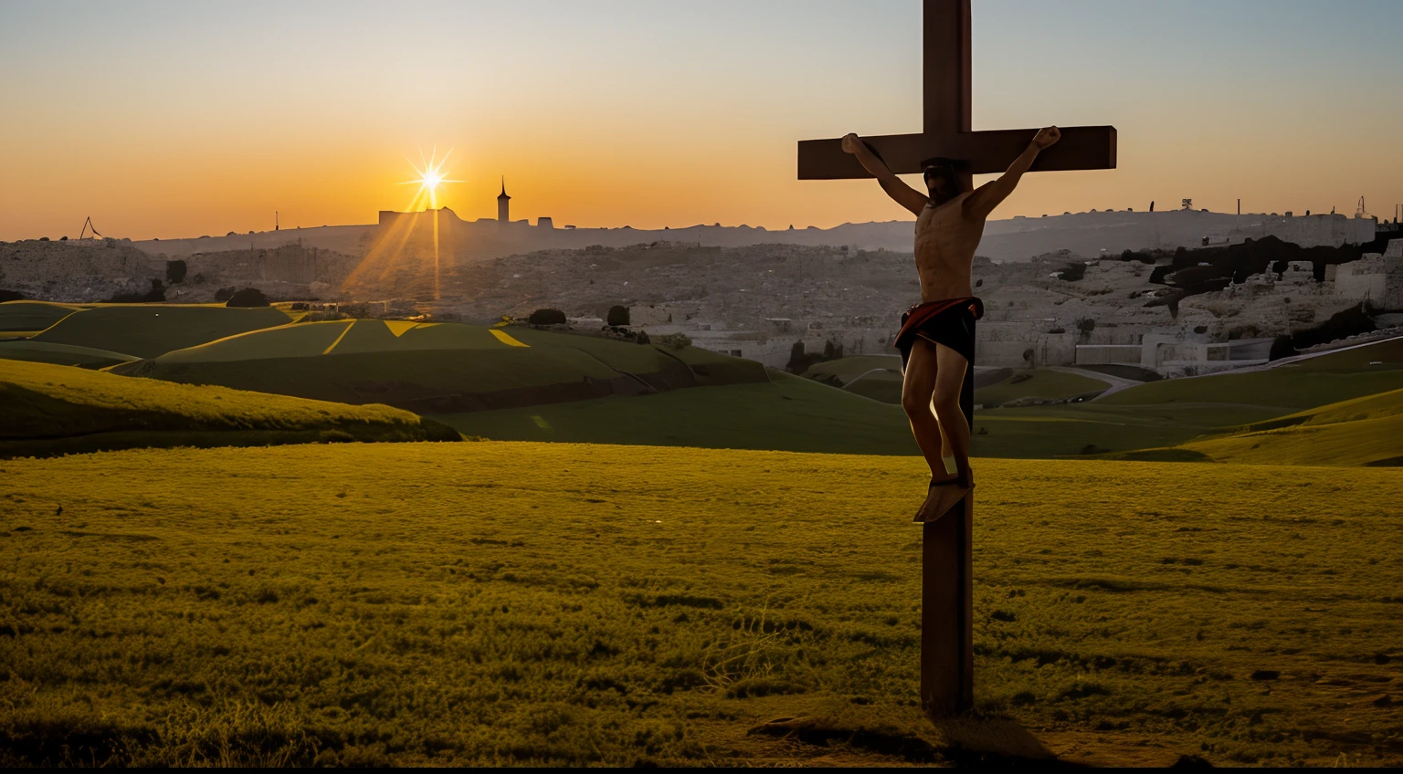 Jesus crucified on the cross in a Jerusalem field at dusk, com pessoas ajoelhadas ao seu redor. sob ele o ceu iluminado.