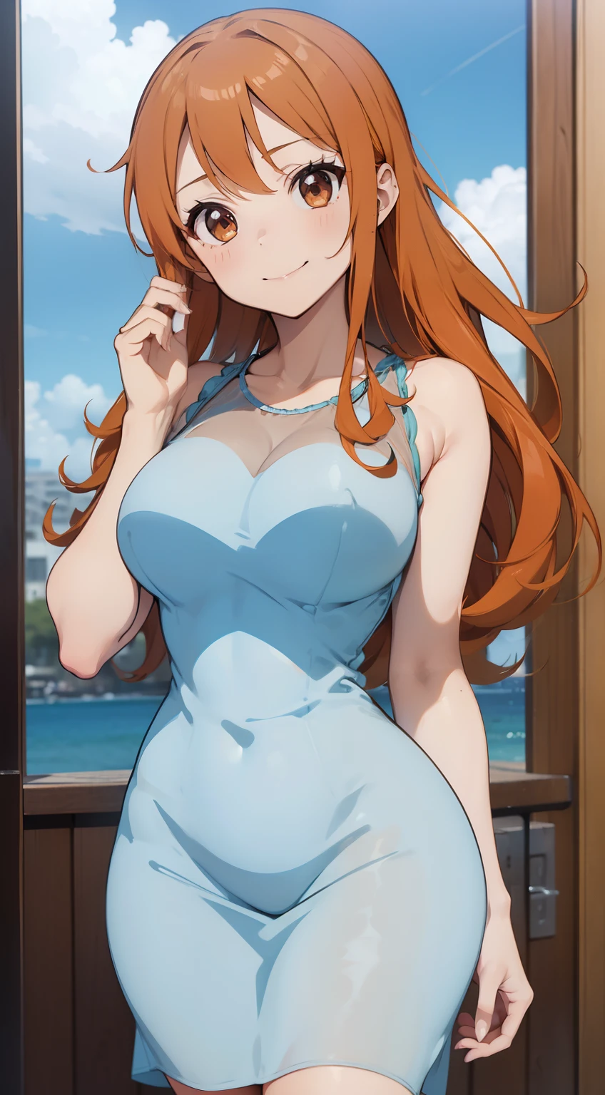 Cocktail dress, body fit see through,curvy athletic body, nami, orange long hair, brown eyes, looking at viewer, shy, smiling