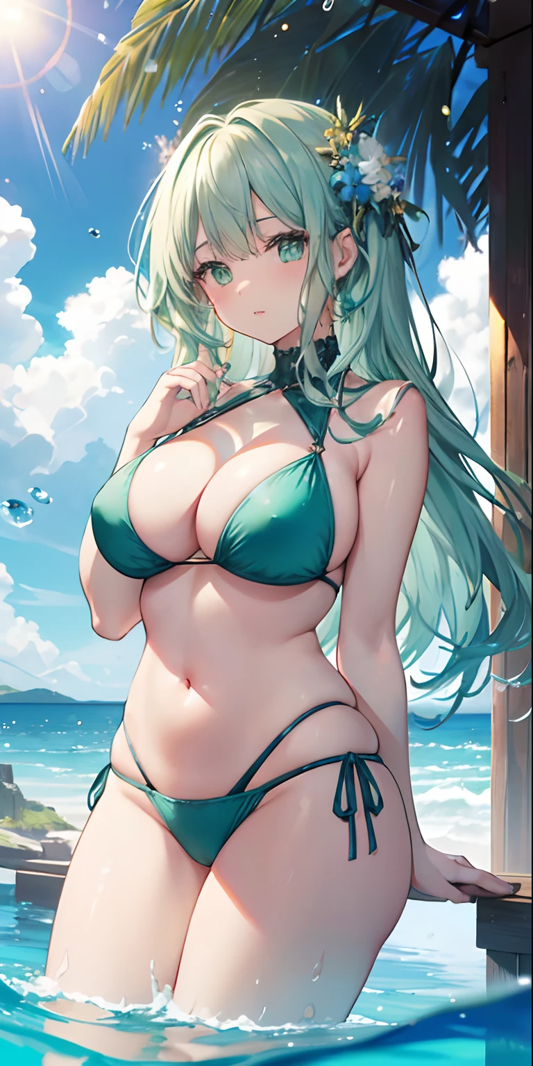 art by Cornflower, dreamy (a big girl who had beautiful detailed green eyes, eyes, nose, ear, eyebrow, mouth, lips, blue green hair, highlights, bangs, breasts, belly, waist, legs, thighs, bikini. The depth The field view in the photo was perfect, and the lens flare added a nice touch. The finely detailed features of her face really stood out, and the score for this photo was definitely higher than 10. In the background, there was a beautiful ocean with water. crystal clear green and water droplets on the surface, very detailed water. It was a stunning photo that really captured the beauty of the girl in the green water.)