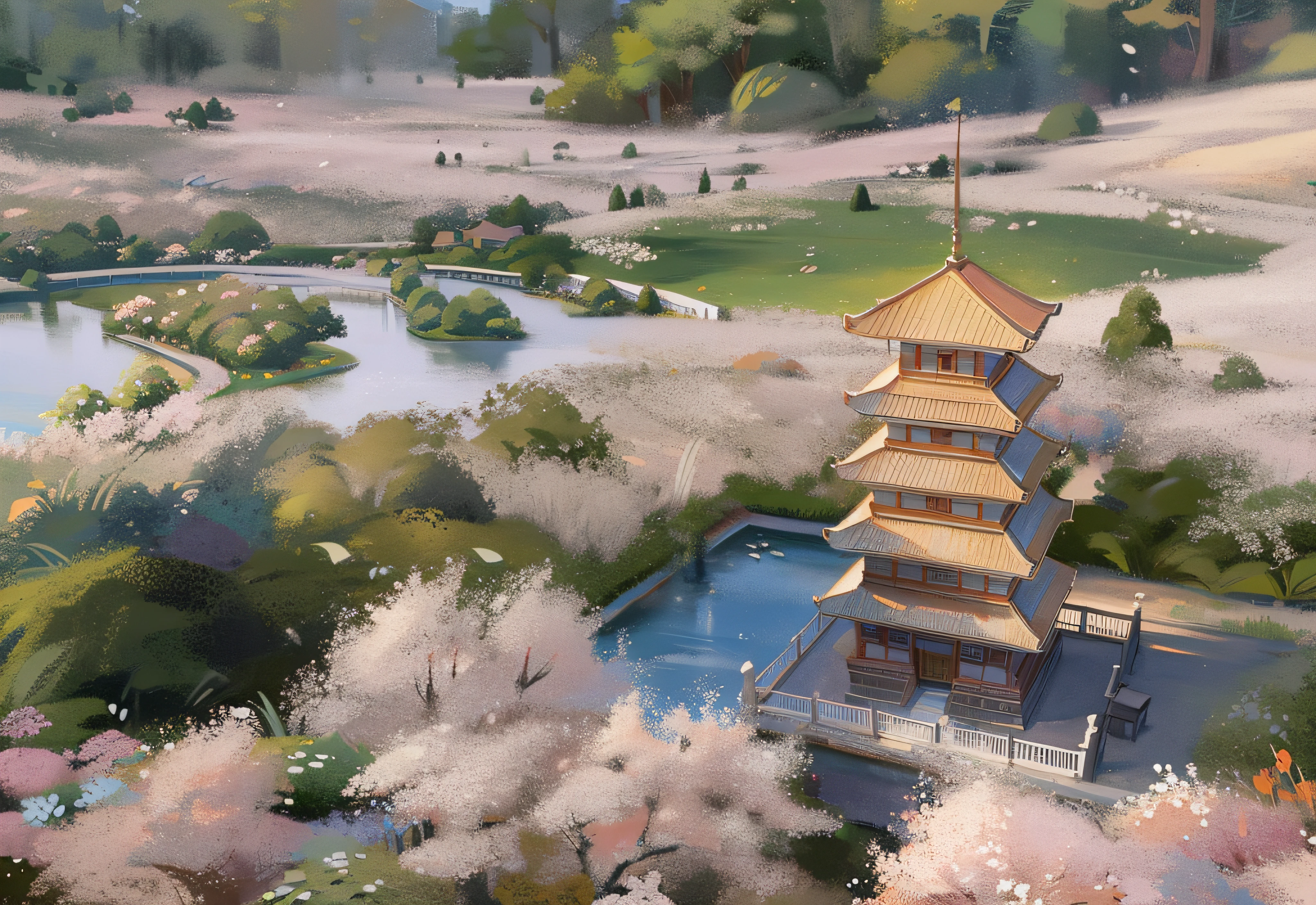Watercolor storybook illustration, Warm colors, Colorful garden, Overgrown vines and plants, trees and bushes,Chinese style buildings