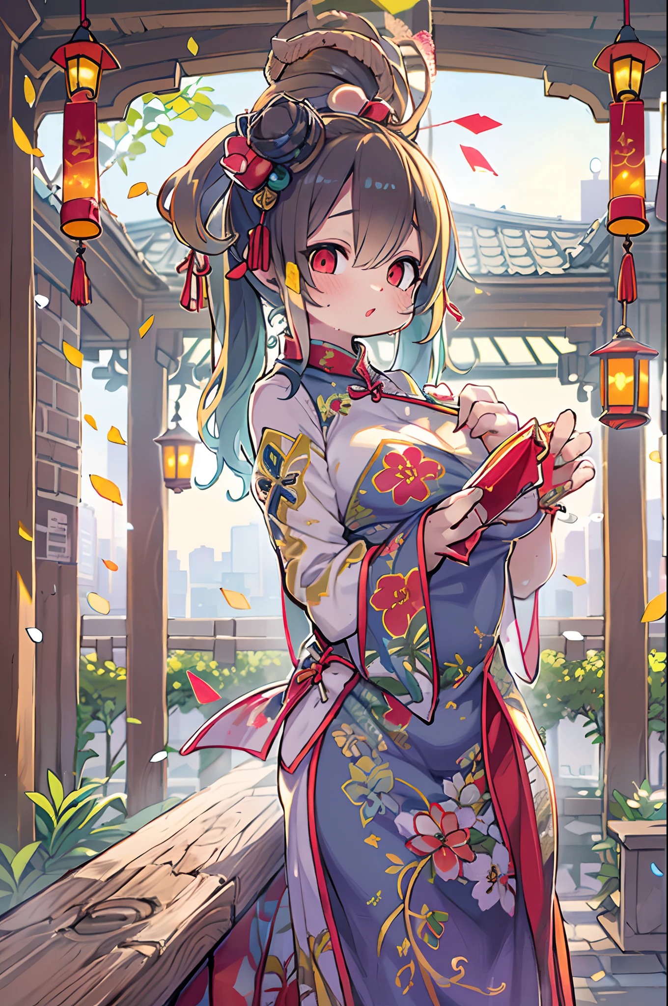 8K, masterpiece best quality, Women, man, (Gentle shape), Perfect face, Hamf Dress, Sexy, Fascinating, thin fabric cheongsam, tower, Red Lantern Tower,