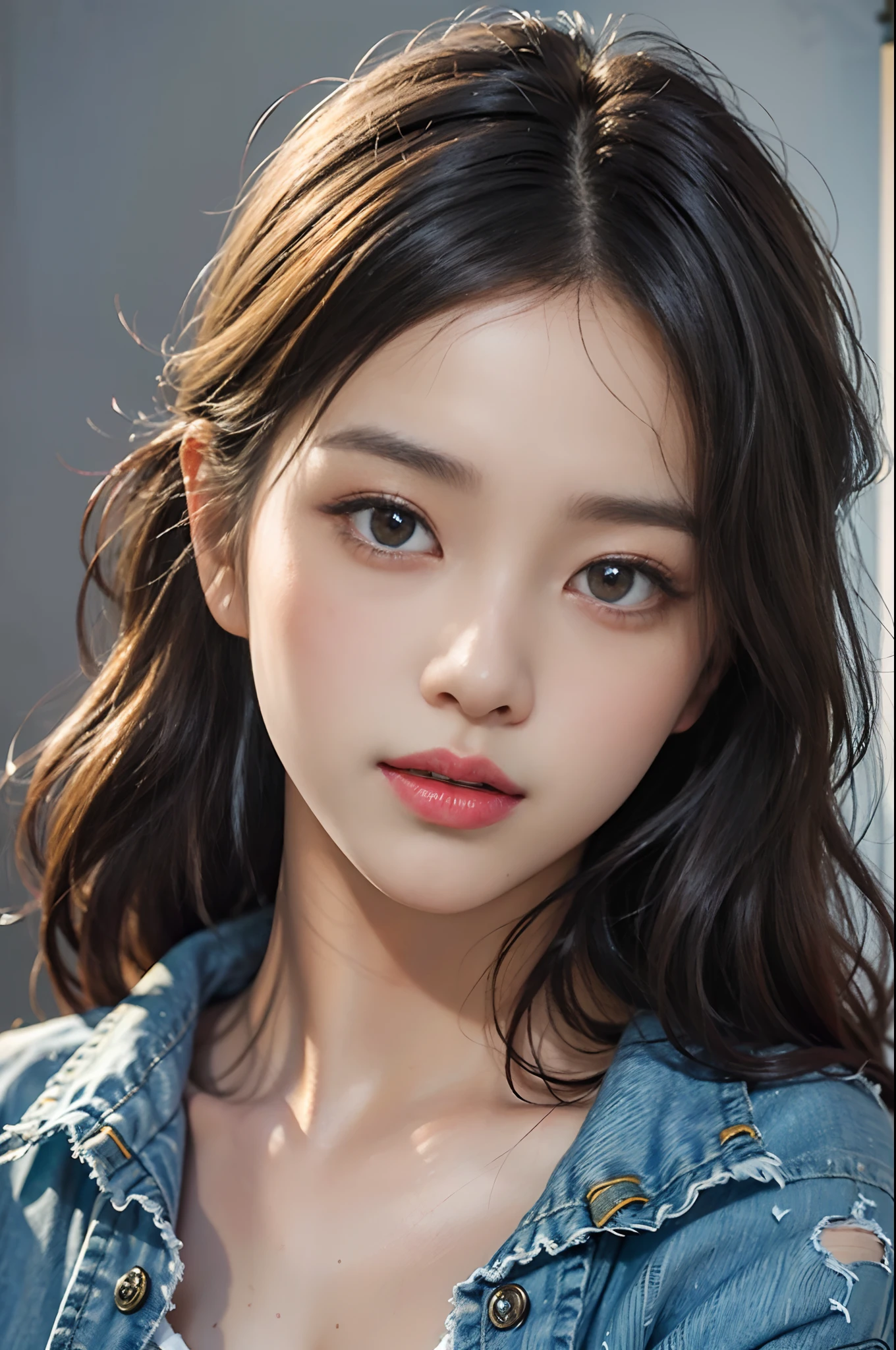 8k、highest quality、Like a real photo、masterpiece、Product quality, One Girl,, Young and beautiful woman in Japan, Long Bob Hair, attractive appearance,, High resolution, High detail, Detailed hairstyle, Detailed face, Great cinema lighting, Octane Rendering, Vibrant, Ultra-realistic, Perfect limbs, Perfect Anatomy、、her hair is light brown.、Cool clothes、In the background is a cafe terrace、Natural color lip、Attractive eyes、Eye color is blue、the ears are hidden by the hair、Double teeth、Yawn