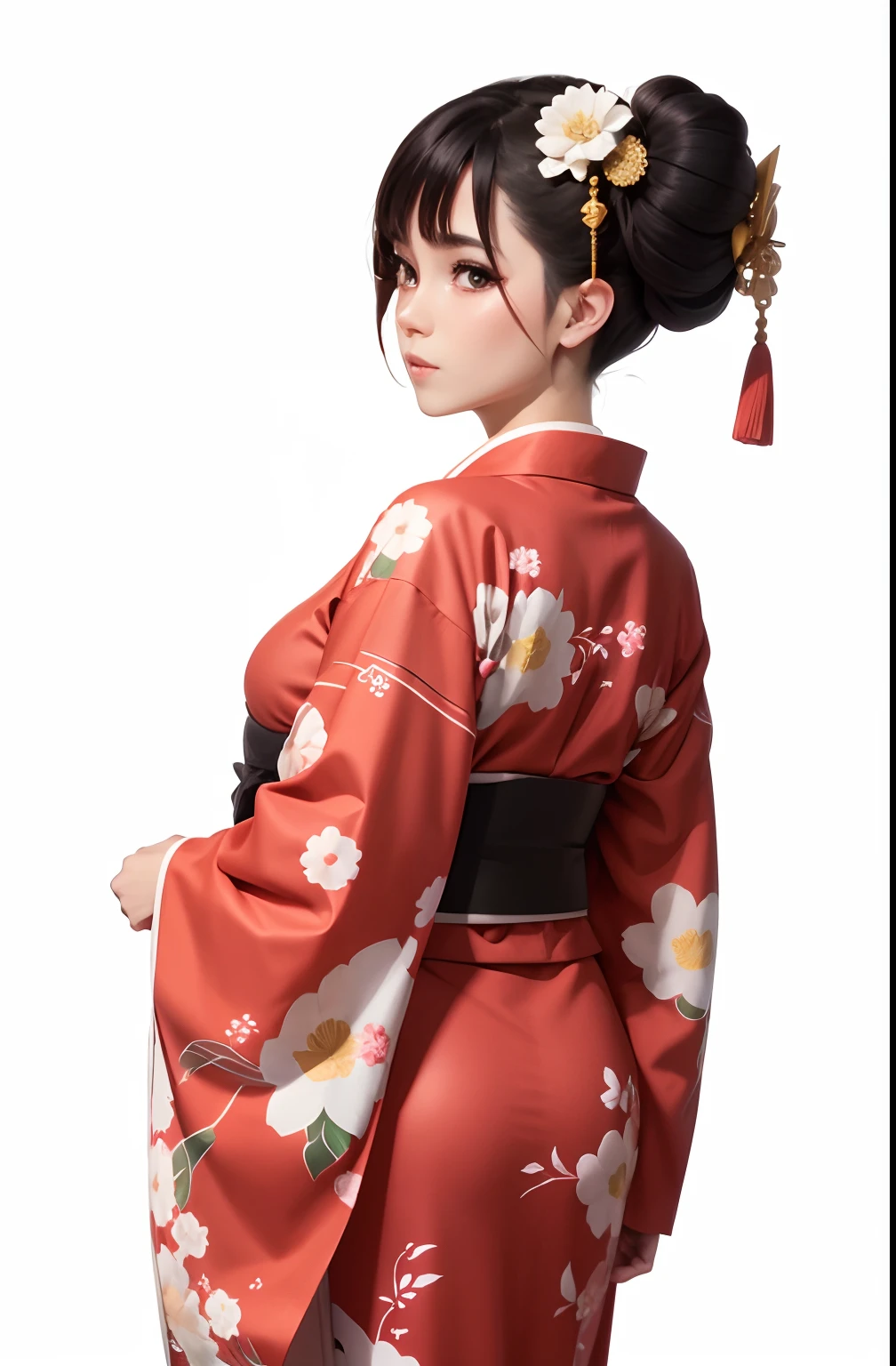 Garota de anime de costas vestindo um yukata. De costas olhando pra frente. Fundo preto.