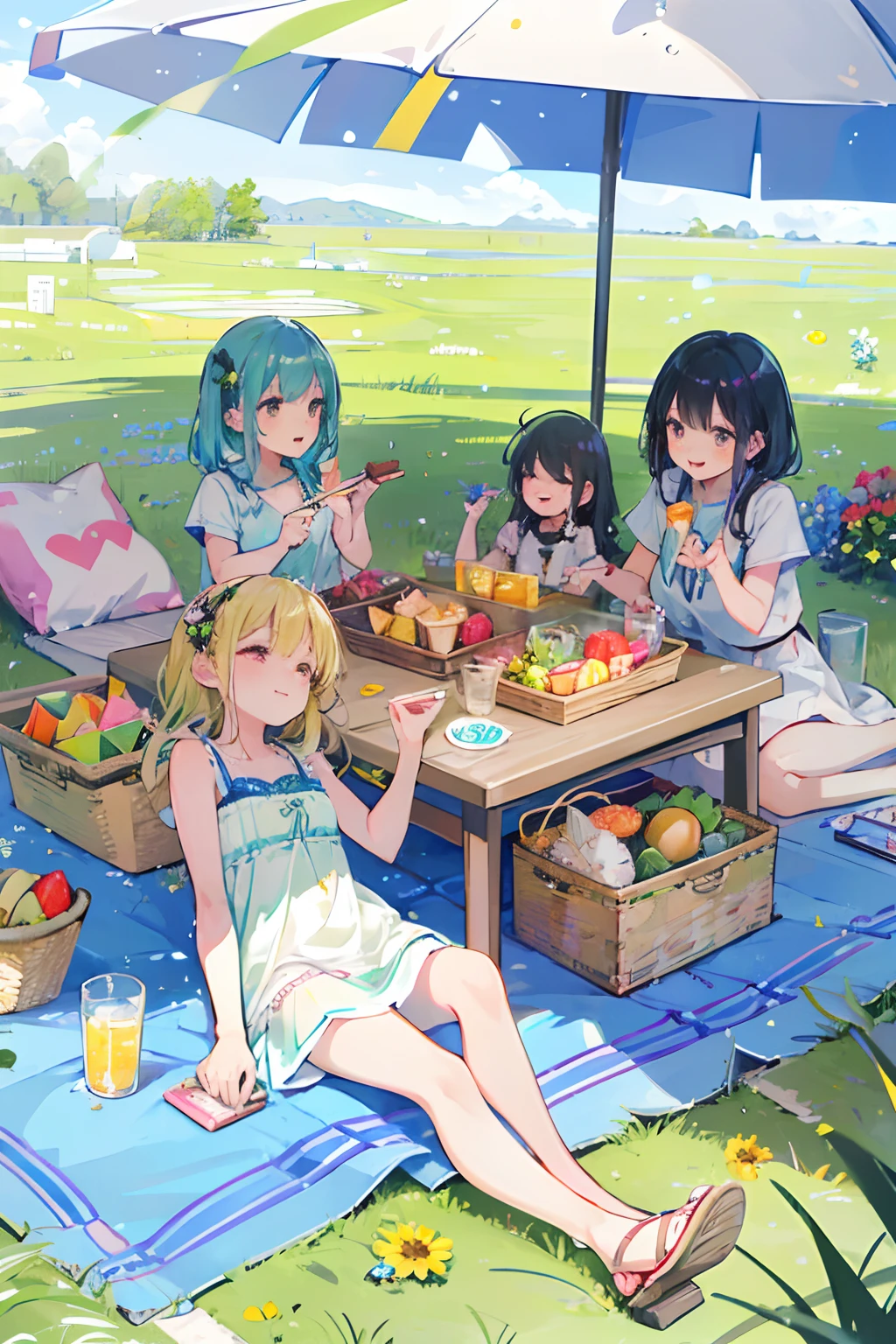 cool summer day, chocolate drink,cake on the table,refreshing drink,juicy kiwi slice,freshly baked cake,delicious dessert,starry skies,sunshine,warm breeze,fun outdoor gathering,picnic basket,green grass,comfortable picnic blanket,beautiful flowers,iced beverage,cute tablecloth,vibrant colors,relaxing atmosphere,exciting summer vibes,shadows and highlights,carefree laughter,memorable moments,happy faces,enjoying nature,bright sunlight,smell of freshly cut grass,playful patterns,dripping kiwi juice,crisp and sweet flavors,sun-kissed skin,cooling sensation,bees buzzing around,melting popsicles,smiling children,joyful conversations,lively ambiance --auto