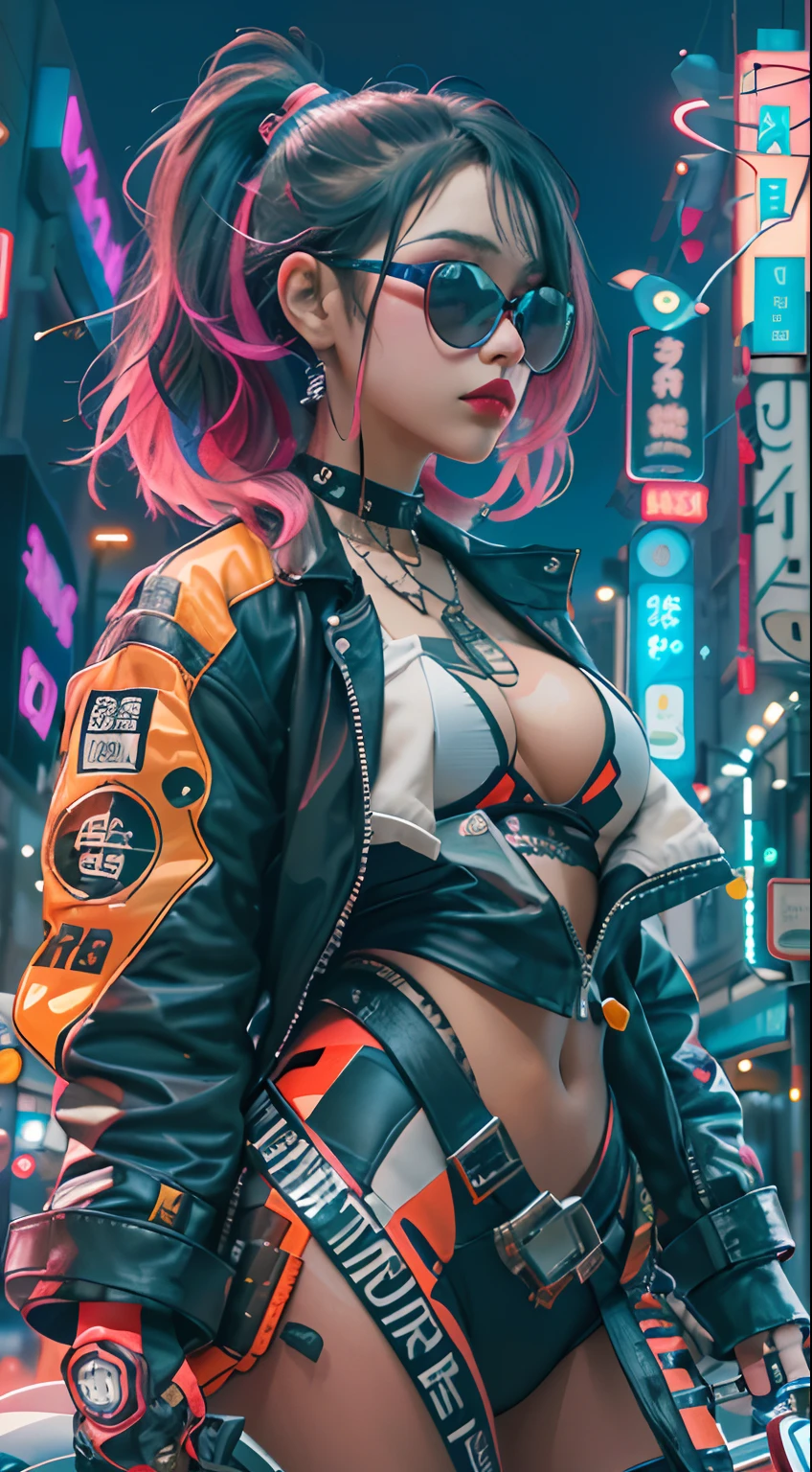 masutepiece, Best quality, Confident cyberpunk girl, Full body shot, ((Stand in front of the motorcycle)), Popular clothing inspired by Harajuku, Bold colors and patterns, Eye-catching accessories, Stylish and innovative hairstyle, Bright makeup, Cyberpunk's dazzling cityscape, skyscrapper, Neon signs, LED lights, Bright and vivid color scheme, anime big breast, illustration, Detailed skin texture, Detailed cloth texture, beautifull detailed face, Intricate details, ultra - detailed.