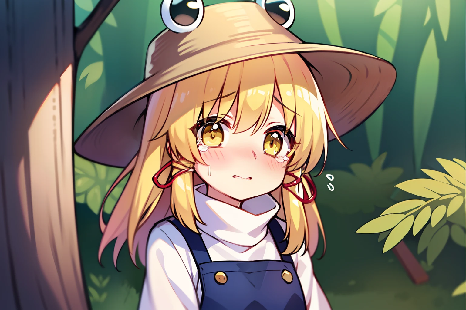 moriya suwako,、beautiful countenance、Highlights in the eyes、(embarrassed from)、with blush cheeks、Petite、Yellow eyes、yellow hair、staring directly at camera、Tears