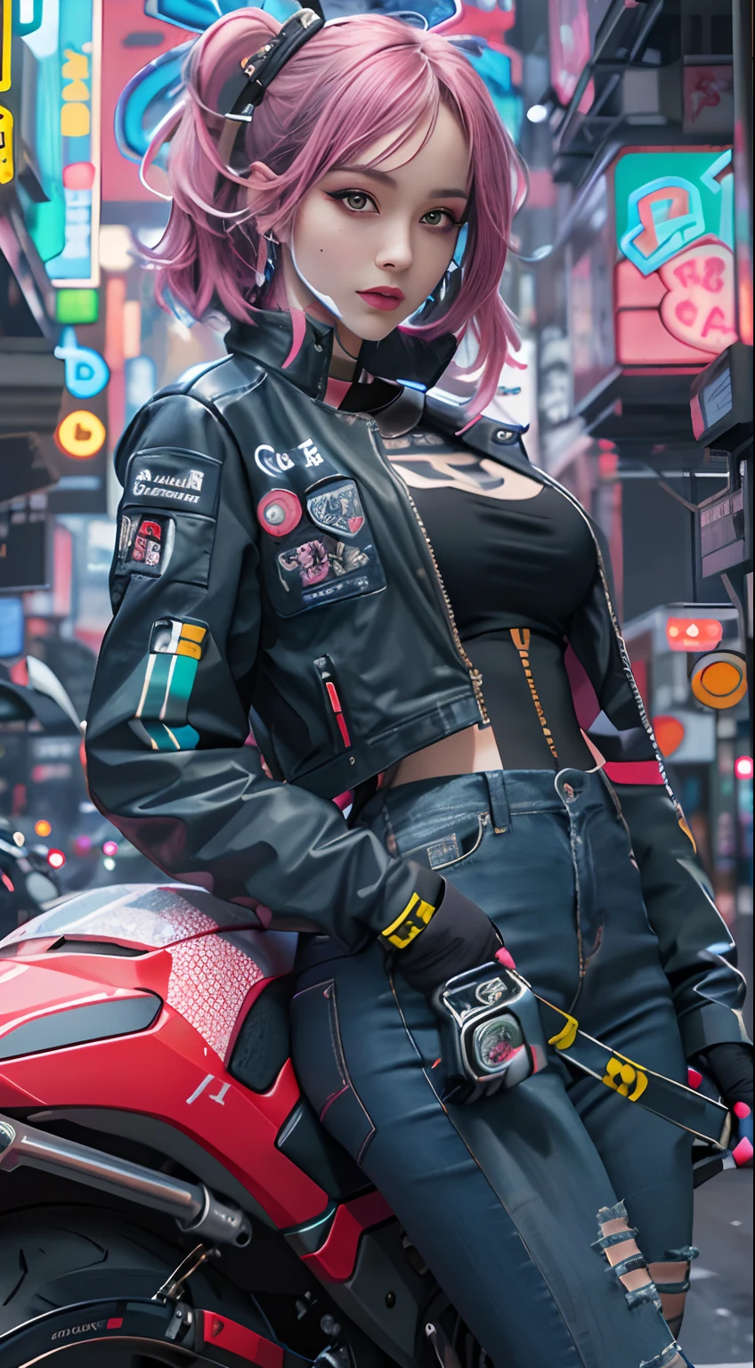 masutepiece, Best quality, Confident cyberpunk girl, Full body shot, ((Stand in front of the motorcycle)), Popular clothing inspired by Harajuku, Bold colors and patterns, Eye-catching accessories, Stylish and innovative hairstyle, Bright makeup, Cyberpunk's dazzling cityscape, skyscrapper, Neon signs, LED lights, Bright and vivid color scheme, anime big breast, illustration, Detailed skin texture, Detailed cloth texture, beautifull detailed face, Intricate details, ultra - detailed.