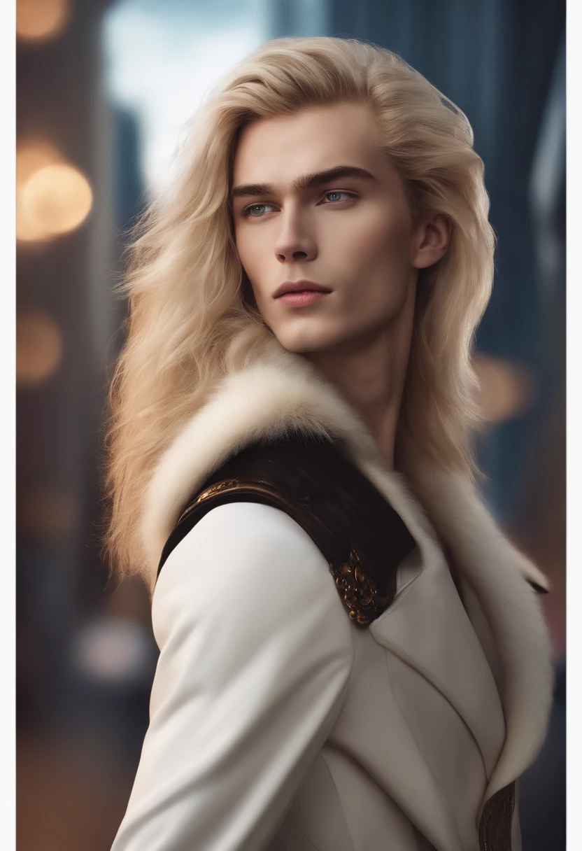 masterpiece, highest quality, (solo focus), (perfect face:1.1), (high detail:1.1), (hyper detailed eyes), dramatic, (1guy:0.5), (pale skin), long blonde hair, ethereal eyes, (light eyebrows), solo, long hair, Jordan Barrett, moon, night, white luxury suit, covered navel, pouty lips, fur, proud expression, futuristic city, detailed background, art by artgerm, cinematic lighting, roses, fashion, BalenciagaStyle