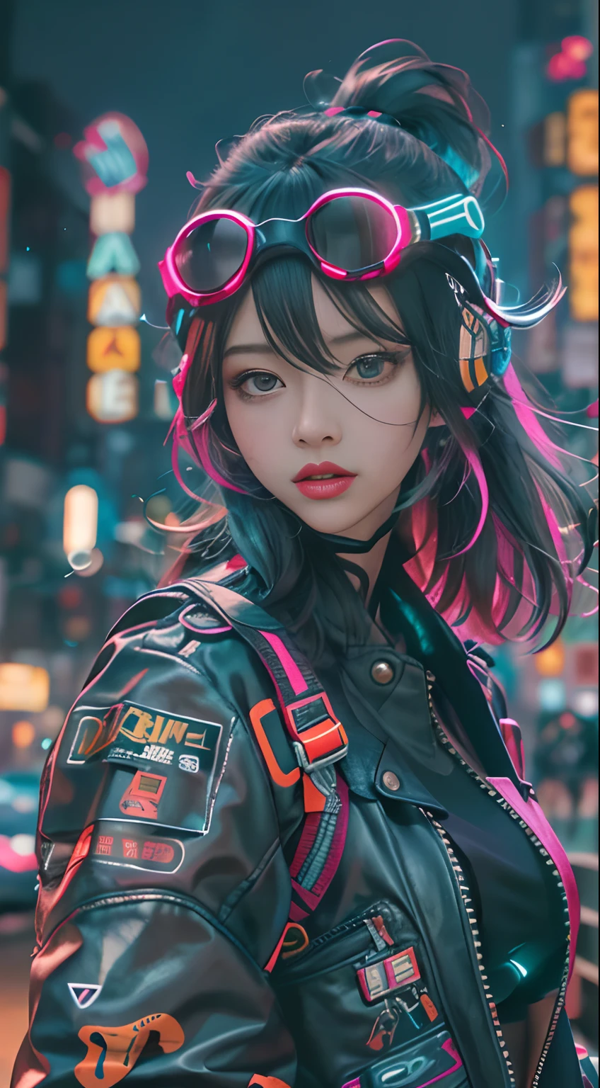 masutepiece, Best quality, Confident cyberpunk girl, Full body shot, ((Stand in front of the motorcycle)), Popular clothing inspired by Harajuku, Bold colors and patterns, Eye-catching accessories, Stylish and innovative hairstyle, Bright makeup, Cyberpunk's dazzling cityscape, skyscrapper, Neon signs, LED lights, Bright and vivid color scheme, anime big breast, illustration, Detailed skin texture, Detailed cloth texture, beautifull detailed face, Intricate details, ultra - detailed.