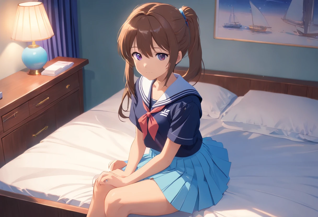 Beautiful illustration、top-quality、9 girl with brown ponytail and medium hair tied with purple elastic. Her S is very small. Her eyes are dark blue、on the beds、(((light blue pleated skirt)))、(((a sailor suit)))、shortsleeves、Small、Flipping up the skirt with your hands、Knee sock feet、on the beds、lovely thighs、glowing thigh
