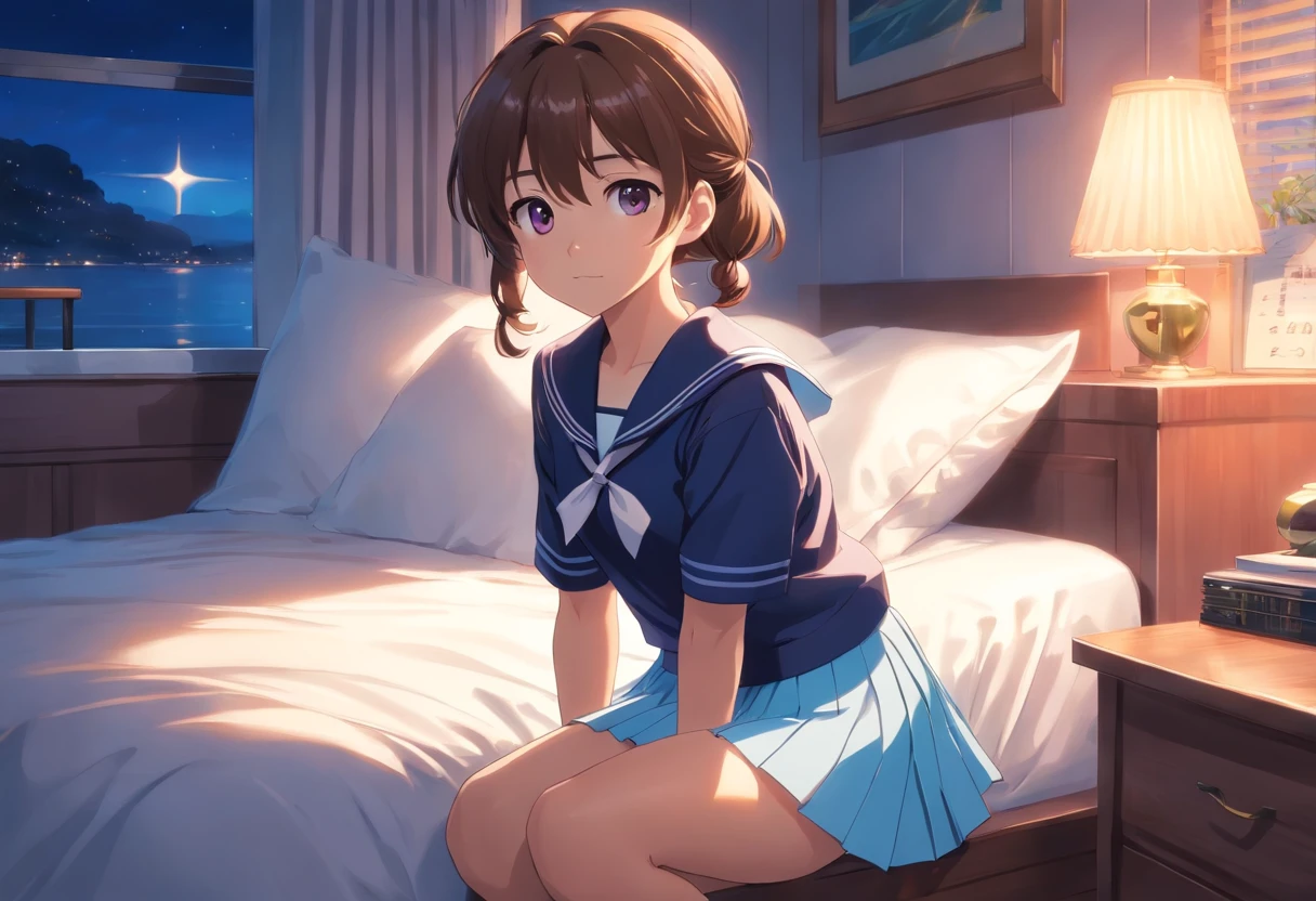 Beautiful illustration、top-quality、9 girl with brown ponytail and medium hair tied with purple elastic. Her S is very small. Her eyes are dark blue、on the beds、(((light blue pleated skirt)))、(((a sailor suit)))、shortsleeves、Small、Flipping up the skirt with your hands、Knee sock feet、on the beds、lovely thighs、glowing thigh