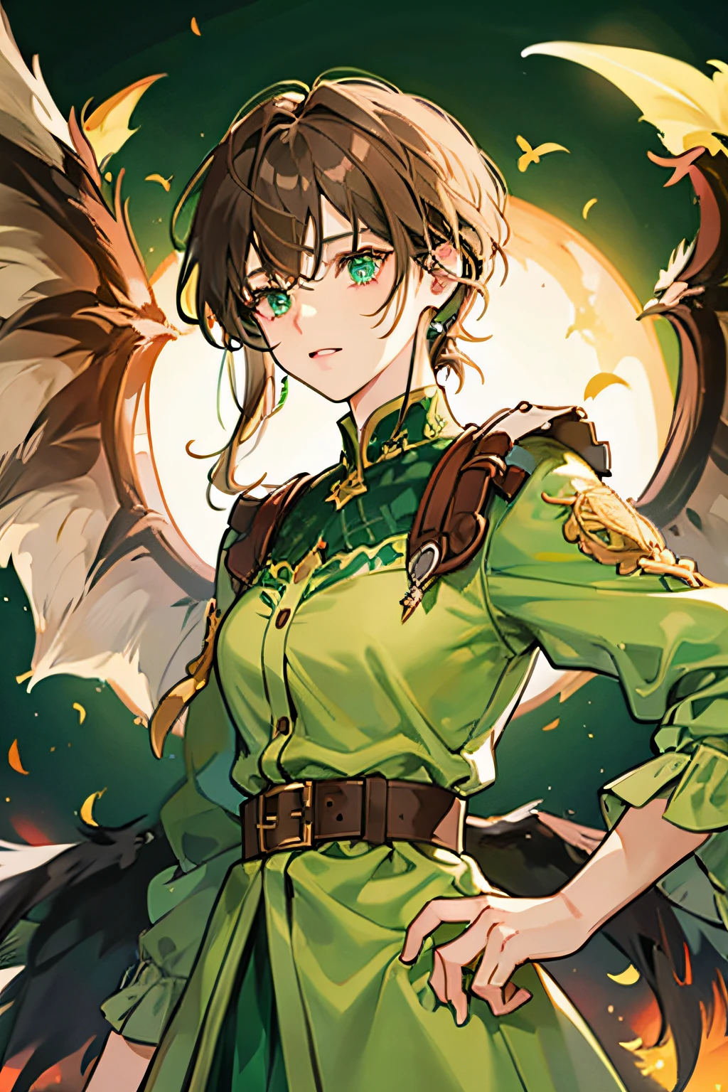 The personification of the griffon large brown wings green colored eyes Brown hair