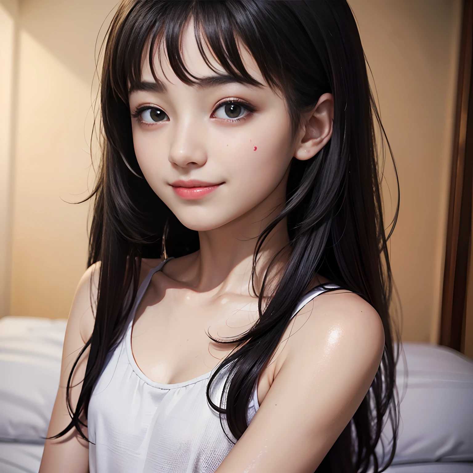 ((Top quality, 8K, Masterpiece: 1.3)), Girls, s, Bed,, Long hair, Black hair, Small body, small, Very detailed face and skin texture, Smile,