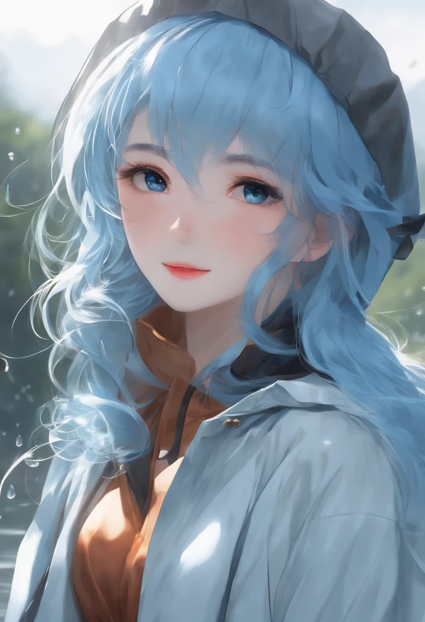 ((1girl))), (((White Face))), (((Long hair))), (((Blue hair))), (((Wave hair)), (((light blue transparent RainCoat))), ((smile face))), (((looking at us))),HIGH QUALITY, MASTERPIECE, EXTREME DETAIL