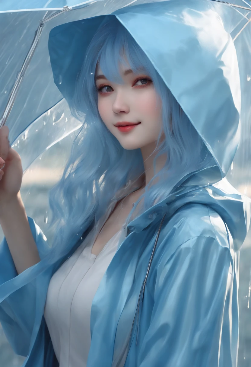 ((1girl))), (((White Face))), (((Long hair))), (((Blue hair))), (((Wave hair)), (((light blue transparent RainCoat))), ((smile face))), (((looking at us))),HIGH QUALITY, MASTERPIECE, EXTREME DETAIL