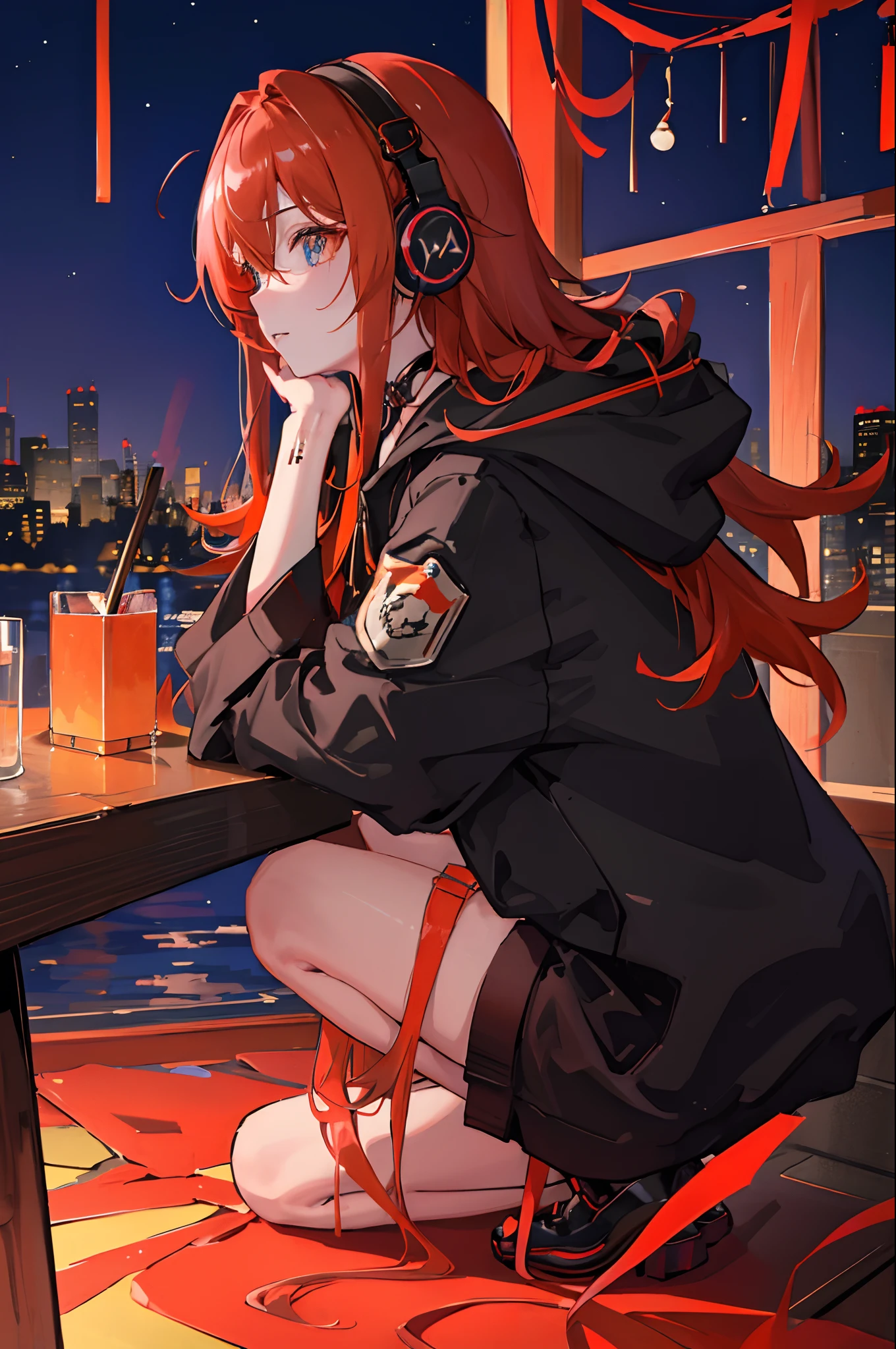 (masuter piece、side lights、ultra-detailliert、inely detailed beautiful eyes: 1.2)、1girl in、bags、headphones、hoods、Hood down、hooded jacket、Black hoodie、jaket、long、orange color hair、profile、redhair、独奏、nighttime scene、The upper part of the body、masterpiece、top-quality、natta、Scenery、neons