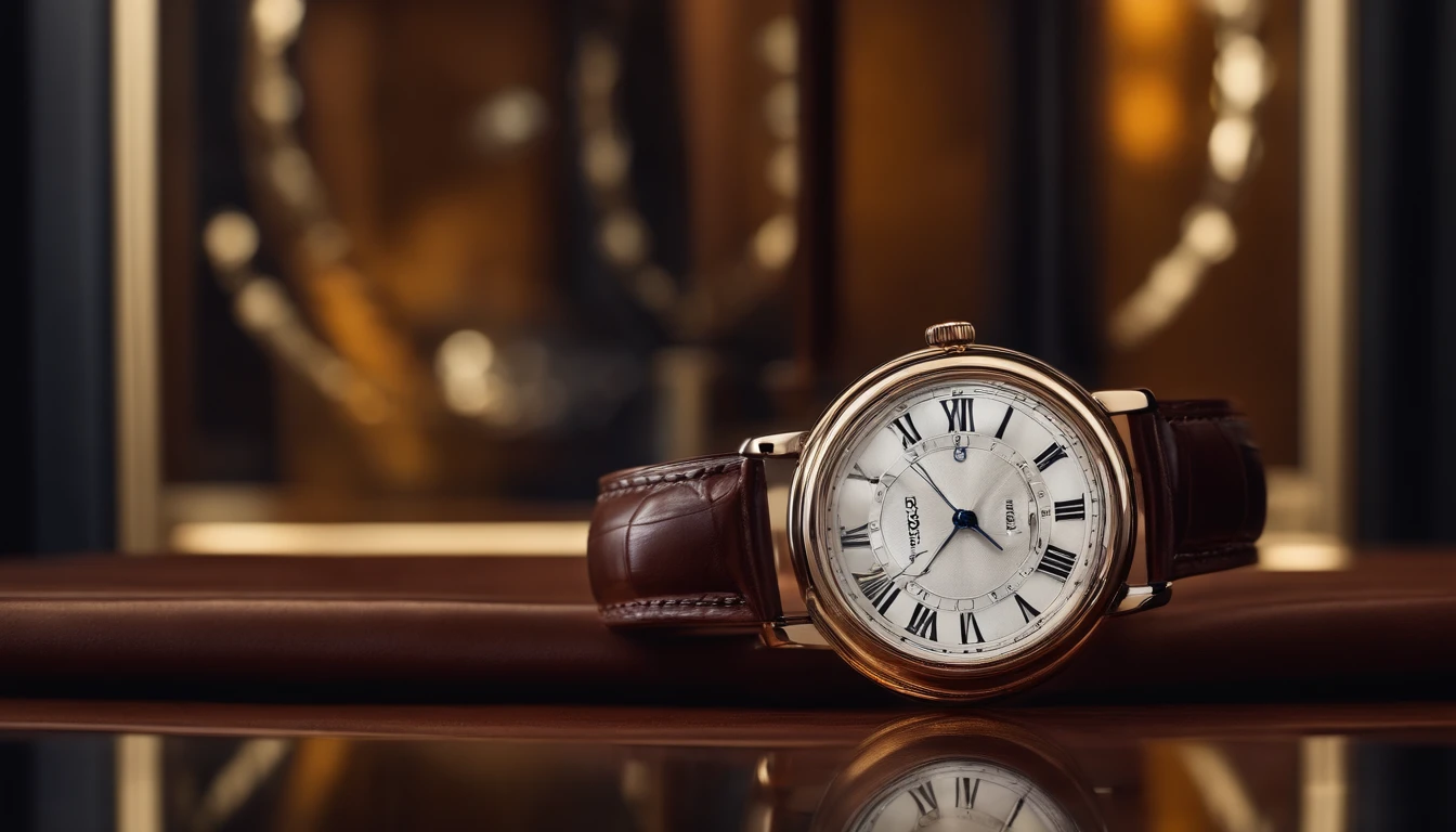 Mechanical watch advertising poster, Classic style, costume style, Classic white dial, Leather strap, on a glass stand, Reflection in glass, Realistic professional photography, 8k --ar 16:9