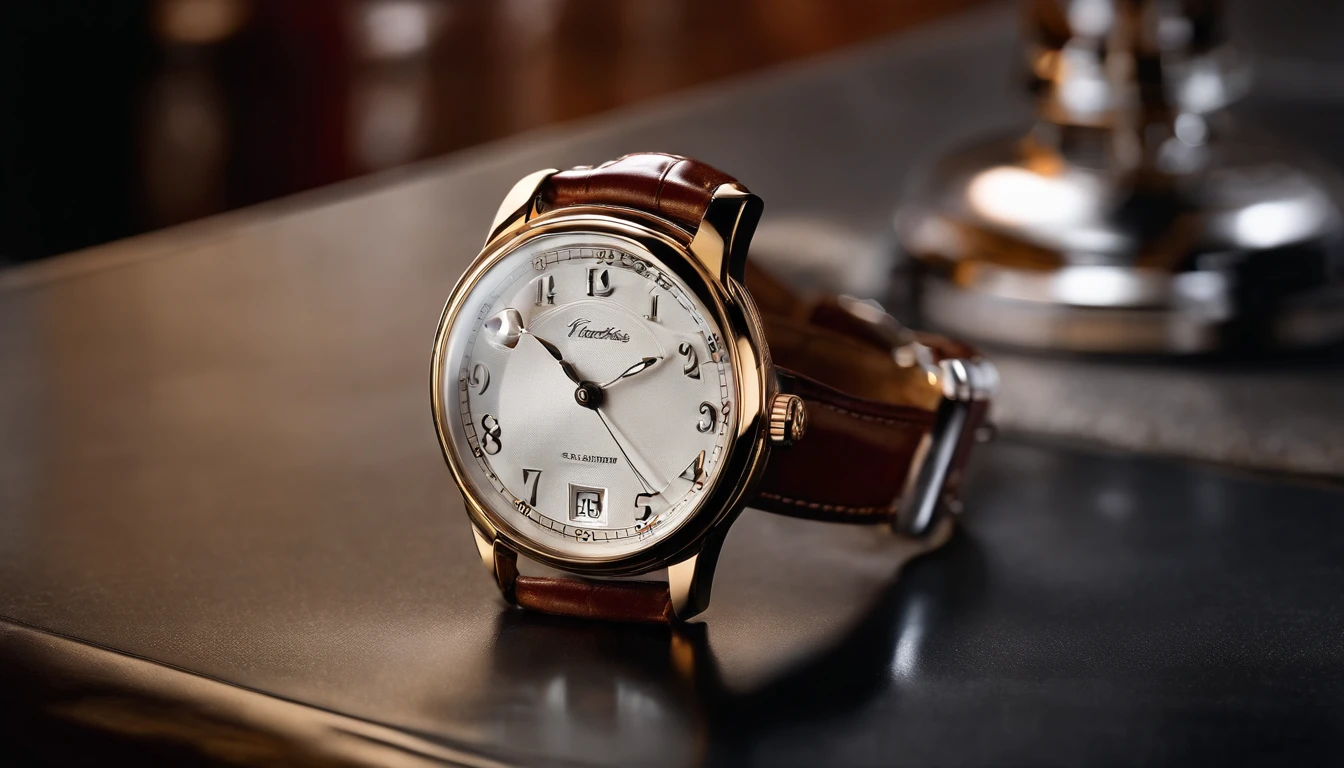 Mechanical watch advertising poster, Classic style, costume style, Classic white dial, Leather strap, on a glass stand, Reflection in glass, Realistic professional photography, 8k --ar 16:9