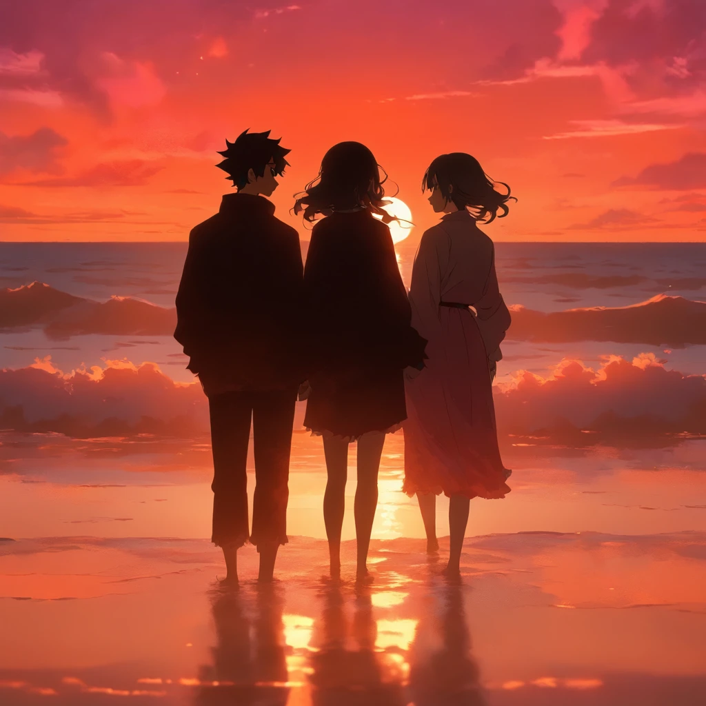 A couple of lovers, standing on a secluded beach, silhouetted against a breathtaking sunset sky painted with hues of fiery orange and soft pink, a tranquil and loving atmosphere, captured by a vintage film camera like a Hasselblad 500C, with grainy textures and ethereal light leaks.