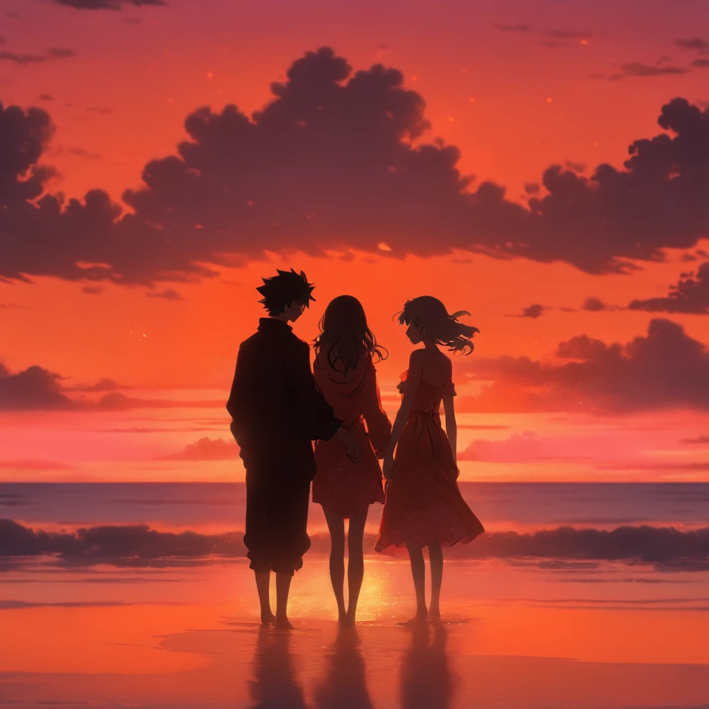 A couple of lovers, standing on a secluded beach, silhouetted against a breathtaking sunset sky painted with hues of fiery orange and soft pink, a tranquil and loving atmosphere, captured by a vintage film camera like a Hasselblad 500C, with grainy textures and ethereal light leaks.