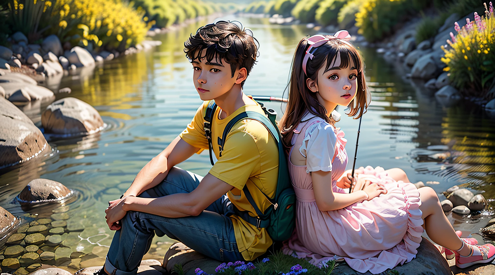 (((masterpiece, best quality, Photo realistic))), (UHD, 8K wallpaper, High resolution), Perfect anatomy, Cinematic lighting, physically-based rendering, award-winning, extremely detailed skin, extra detailed face, eyes with beautiful details, Carl Zeiss 85 mm F/1.4, (1 boy and 1 girl, couple:1.5), Cute toddler girl, sitting on large rock near creek, (black hair, high ponytail, black eyes, round face), (pink and white fluffy dress with ribbon:1.5), (girl has cute shy expression), (girl is holding wildflowers:1.5), (1 boy is a toddler boy), (a boy and a girl are sitting close to each other on large rock near creek:1.5), (a boy is wearing blue overalls with yellow t-shirt:1.3), (a boy holds fishing pole:1.5), [full body shot], shot from side,
