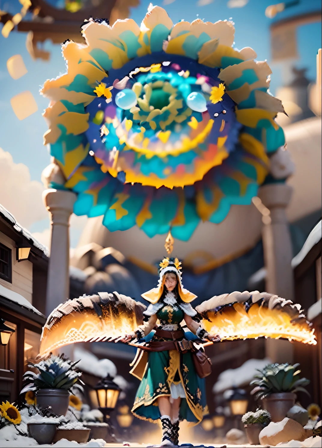 In a very grand scene，The extra-large wide-angle lens captures the appearance of a female centaur。She is a Sunflower Worship nun，Always opposed（Healing emoji smiley face of knitted sunflower puppet😊：99.99）DOA。She is tall，It has the ultimate curvy beauty，The muscles are slender and firm，Beautiful lines。She has（Super huge sky blue eyes：99.99）、always（Wearing sexy glasses：6.66）、（She wears solemn nun attire：9.9）、Stepping on a boot-style skyscraper-heel、A pink cross hangs on his chest。Use Midjourney's advanced tools，Designed for female centaurs（A knitted sunflower puppet and create a super healing cartoon smiley face in the center of the flower tray as a decoration：9.9），and noble and solemn nun costumes，and highlight her unique physiological characteristics and appearance details，Add realism。And in the context of her prayers and listening to confessions，Spectacular views of nature，Such as the sky where storms and sunny days alternate、Brilliant rivers of stars and auroras、The snow-capped summit of Mount Everest、Fireworks in the mountain town, etc。ao mesmo tempo，Away from the hustle and bustle next to the chapel，Create a fantastic scene。Use Midjourney's advanced tools and multiple color palettes、Brush Strokes、Texture tools and model packages，It shows a sense of atmosphere where beauty and charm coexist。The charm of the female centaur is highlighted through color and lines，Enhance realism with detailing，Create a surreal dreamy feeling。Additionally，Use Midjourney's tools to add various exorcism props and books to the female centaur、pergaminhos，Create intricate hairstyles and outfits，Give her a sense of premium。She never flinches，No matter what monster you encounter，can respond quickly，Even the most extreme armies of natural disasters and monsters could not stop her and her front（Sunflower with Tyndall effect that emits sunlight9.99）。Use Midjourney's powerful tools，You can do it with incredible detail and beauty，Bring this ultra-grand and beautiful scene to life。Ultra-grand sc