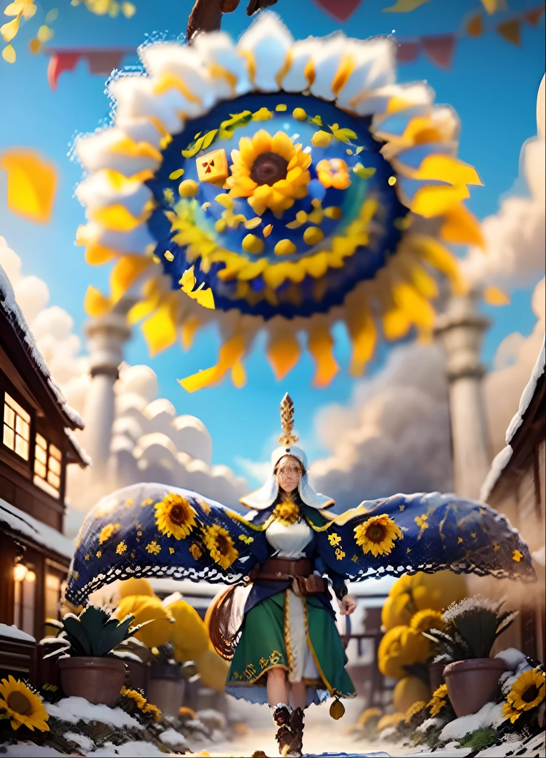 In a very grand scene,The extra-large wide-angle lens captures the appearance of a female centaur。She is a Sunflower Worship nun,Always opposed(Healing emoji smiley face of knitted sunflower puppet😊:99.99)DOA。She is tall,It has the ultimate curvy beauty,The muscles are slender and firm,Beautiful lines。She has(Super huge sky blue eyes:99.99)、always(Wearing sexy glasses:6.66)、(She wears solemn nun attire:9.9)、Stepping on a boot-style skyscraper-heel、A pink cross hangs on his chest。Use Midjourney's advanced tools,Designed for female centaurs(A knitted sunflower puppet and create a super healing cartoon smiley face in the center of the flower tray as a decoration:9.9),and noble and solemn nun costumes,and highlight her unique physiological characteristics and appearance details,Add realism。And in the context of her prayers and listening to confessions,Spectacular views of nature,Such as the sky where storms and sunny days alternate、Brilliant rivers of stars and auroras、The snow-capped summit of Mount Everest、Fireworks in the mountain town, etc。ao mesmo tempo,Away from the hustle and bustle next to the chapel,Create a fantastic scene。Use Midjourney's advanced tools and multiple color palettes、Brush Strokes、Texture tools and model packages,It shows a sense of atmosphere where beauty and charm coexist。The charm of the female centaur is highlighted through color and lines,Enhance realism with detailing,Create a surreal dreamy feeling。Additionally,Use Midjourney's tools to add various exorcism props and books to the female centaur、pergaminhos,Create intricate hairstyles and outfits,Give her a sense of premium。She never flinches,No matter what monster you encounter,can respond quickly,Even the most extreme armies of natural disasters and monsters could not stop her and her front(Sunflower with Tyndall effect that emits sunlight9.99)。Use Midjourney's powerful tools,You can do it with incredible detail and beauty,Bring this ultra-grand and beautiful scene to life。Ultra-grand sc