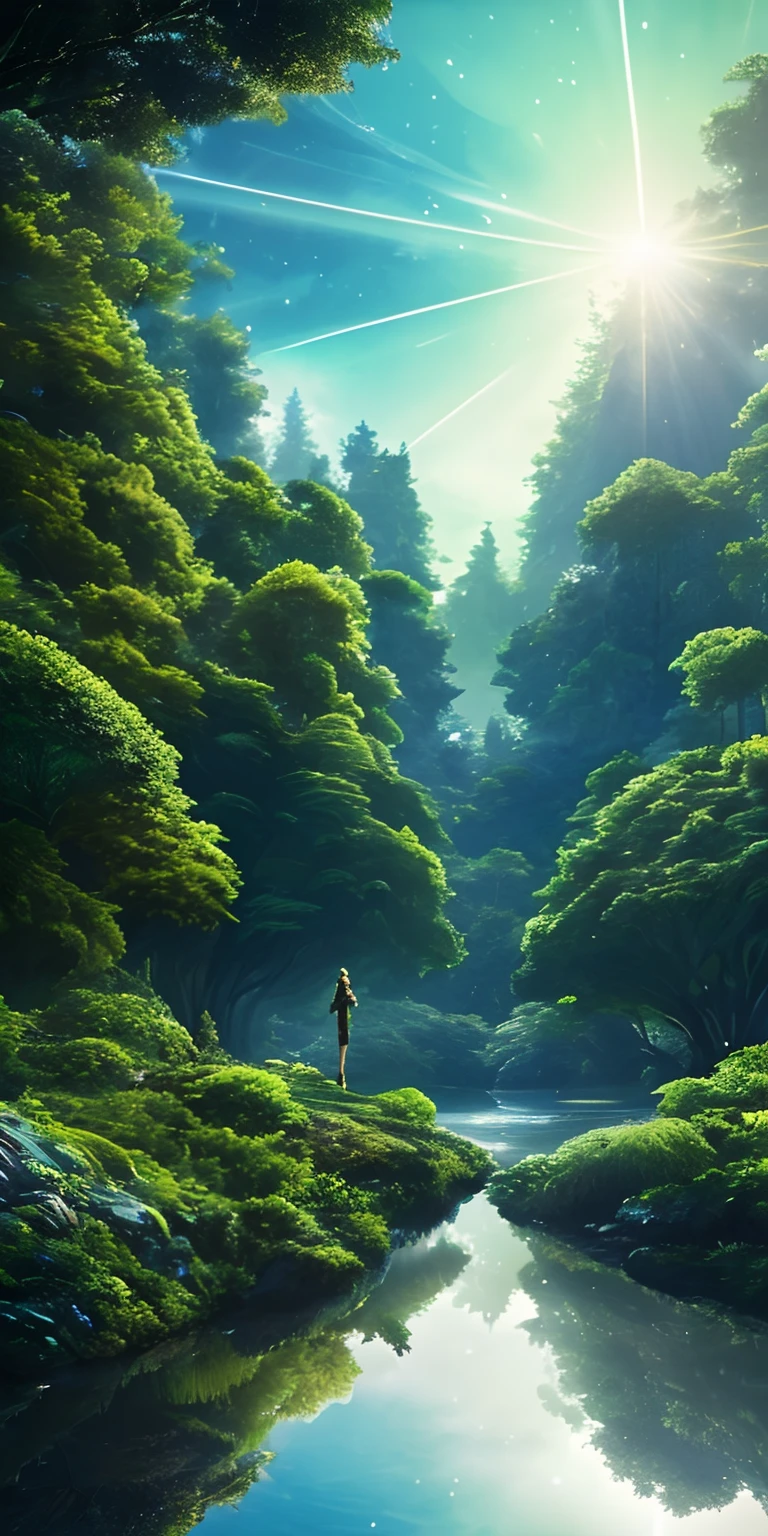 Illustration of a surreal, otherworldly, hyper sky scene including a giant crystal tree full body, highly detailed and magical lighting, intricate forest details, vegetation and surrounding river, solar punk, landscape, giant tree , beautiful green leaves, beautiful lighting and realistic proportions, as if this is a movie background, 8k, highest quality, masterpiece, clouds and stars in the sky.