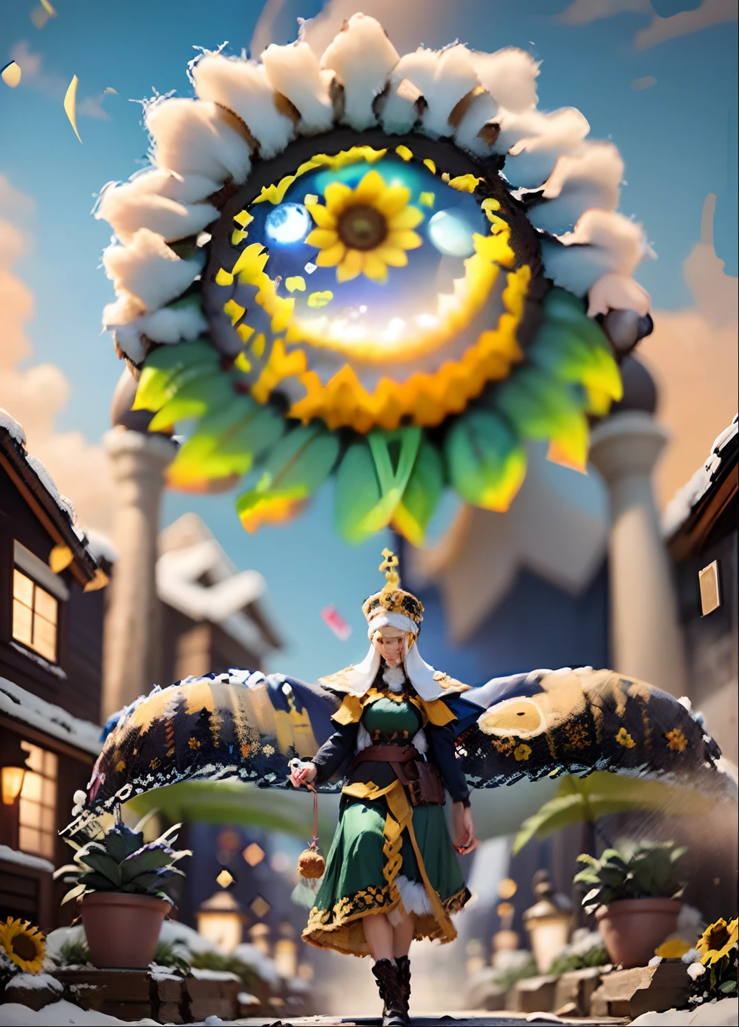 In a very grand scene,The extra-large wide-angle lens captures the appearance of a female centaur。She is a Sunflower Worship nun,Always opposed(Healing emoji smiley face of knitted sunflower puppet😊:99.99)DOA。She is tall,It has the ultimate curvy beauty,The muscles are slender and firm,Beautiful lines。She has(Super huge sky blue eyes:99.99)、always(Wearing sexy glasses:6.66)、(She wears solemn nun attire:9.9)、Stepping on a boot-style skyscraper-heel、A pink cross hangs on his chest。Use Midjourney's advanced tools,Designed for female centaurs(A knitted sunflower puppet and create a super healing cartoon smiley face in the center of the flower tray as a decoration:9.9),and noble and solemn nun costumes,and highlight her unique physiological characteristics and appearance details,Add realism。And in the context of her prayers and listening to confessions,Spectacular views of nature,Such as the sky where storms and sunny days alternate、Brilliant rivers of stars and auroras、The snow-capped summit of Mount Everest、Fireworks in the mountain town, etc。ao mesmo tempo,Away from the hustle and bustle next to the chapel,Create a fantastic scene。Use Midjourney's advanced tools and multiple color palettes、Brush Strokes、Texture tools and model packages,It shows a sense of atmosphere where beauty and charm coexist。The charm of the female centaur is highlighted through color and lines,Enhance realism with detailing,Create a surreal dreamy feeling。Additionally,Use Midjourney's tools to add various exorcism props and books to the female centaur、pergaminhos,Create intricate hairstyles and outfits,Give her a sense of premium。She never flinches,No matter what monster you encounter,can respond quickly,Even the most extreme armies of natural disasters and monsters could not stop her and her front(Sunflower with Tyndall effect that emits sunlight9.99)。Use Midjourney's powerful tools,You can do it with incredible detail and beauty,Bring this ultra-grand and beautiful scene to life。Ultra-grand sc